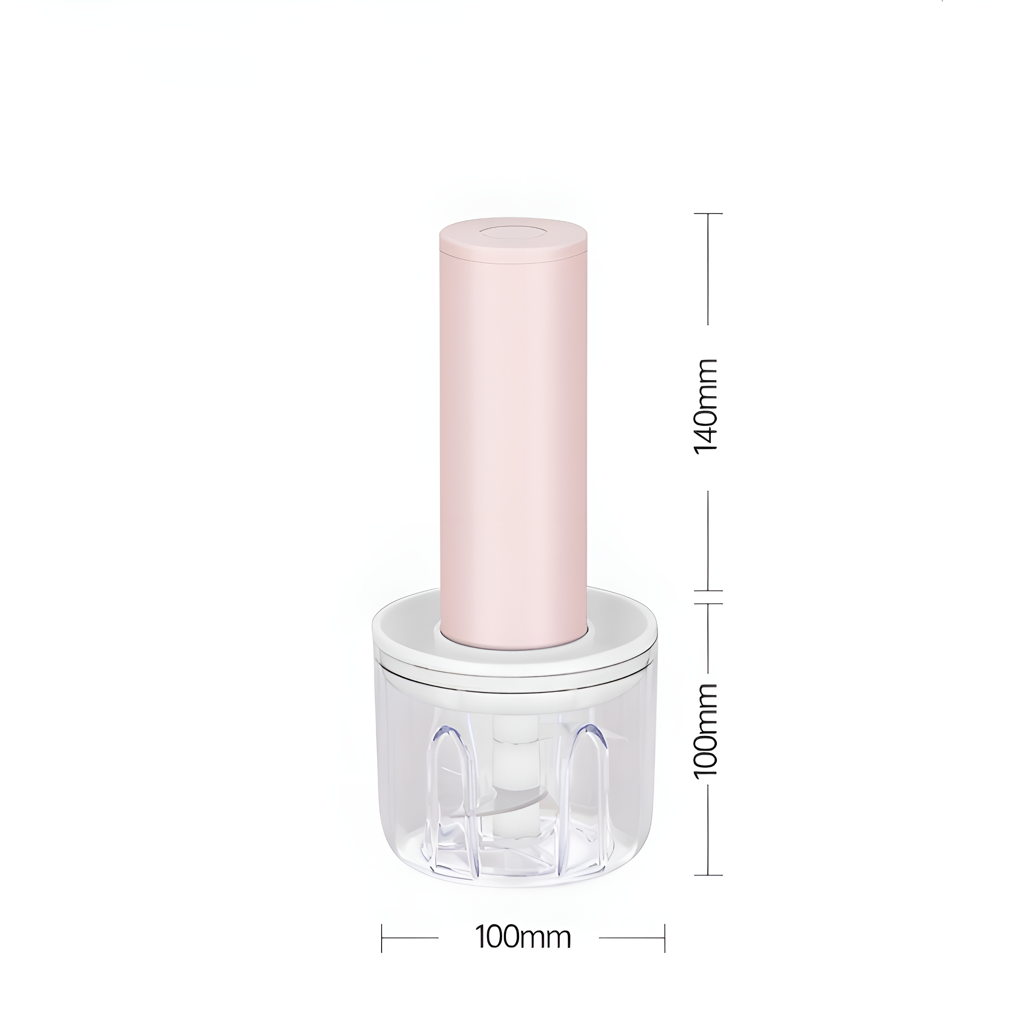 Rosa-weißer Küchenmixer, mit Abmessungen in mm: 100x100x140.