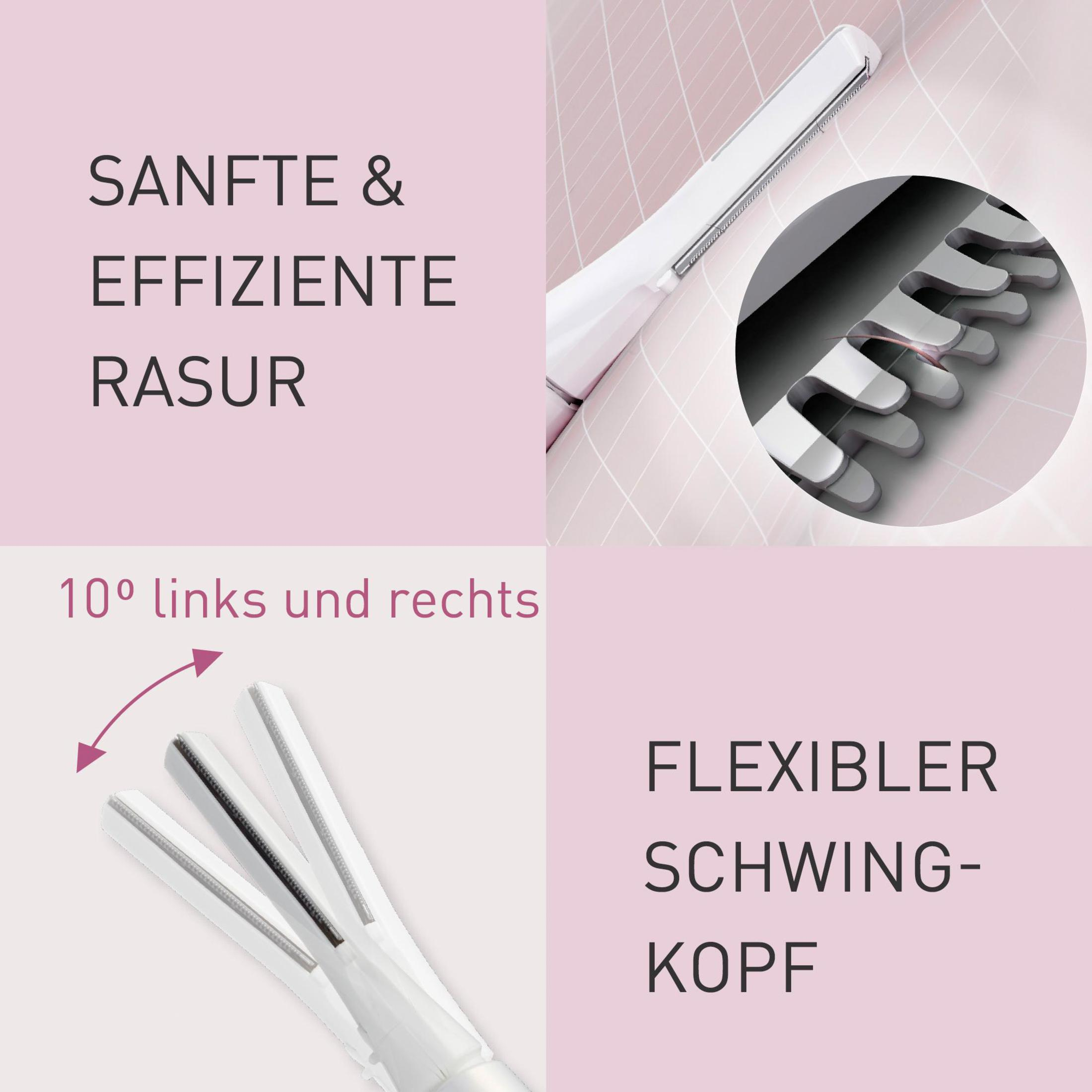 Nahaufnahme eines Haarentfernungswerkzeugs mit deutschem Text. Zeigt flexiblen Kopf und Klingendesign.