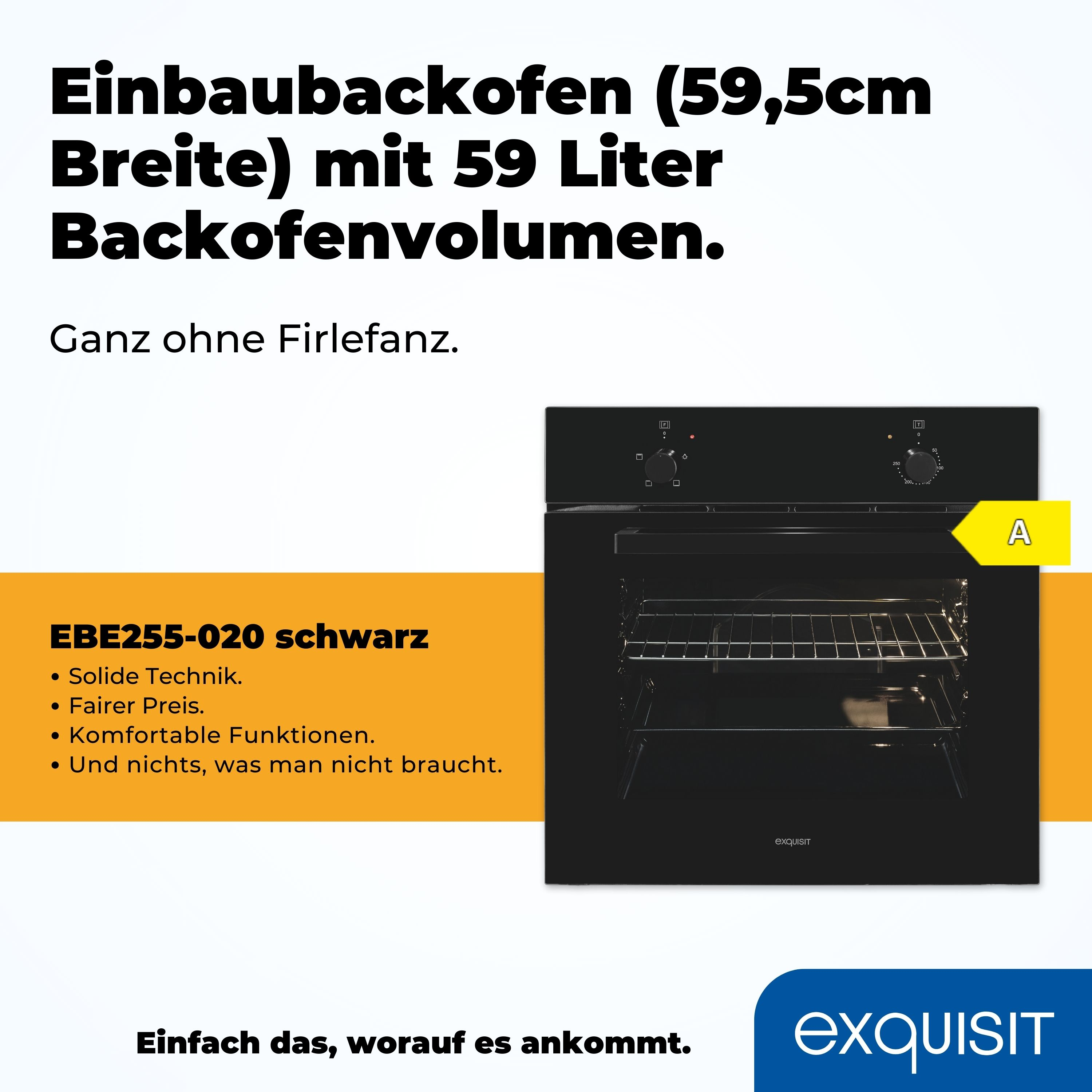 Schwarzer Einbaubackofen mit Textbeschreibung. Der Ofen ist an, mit einem gelben Energielabel.