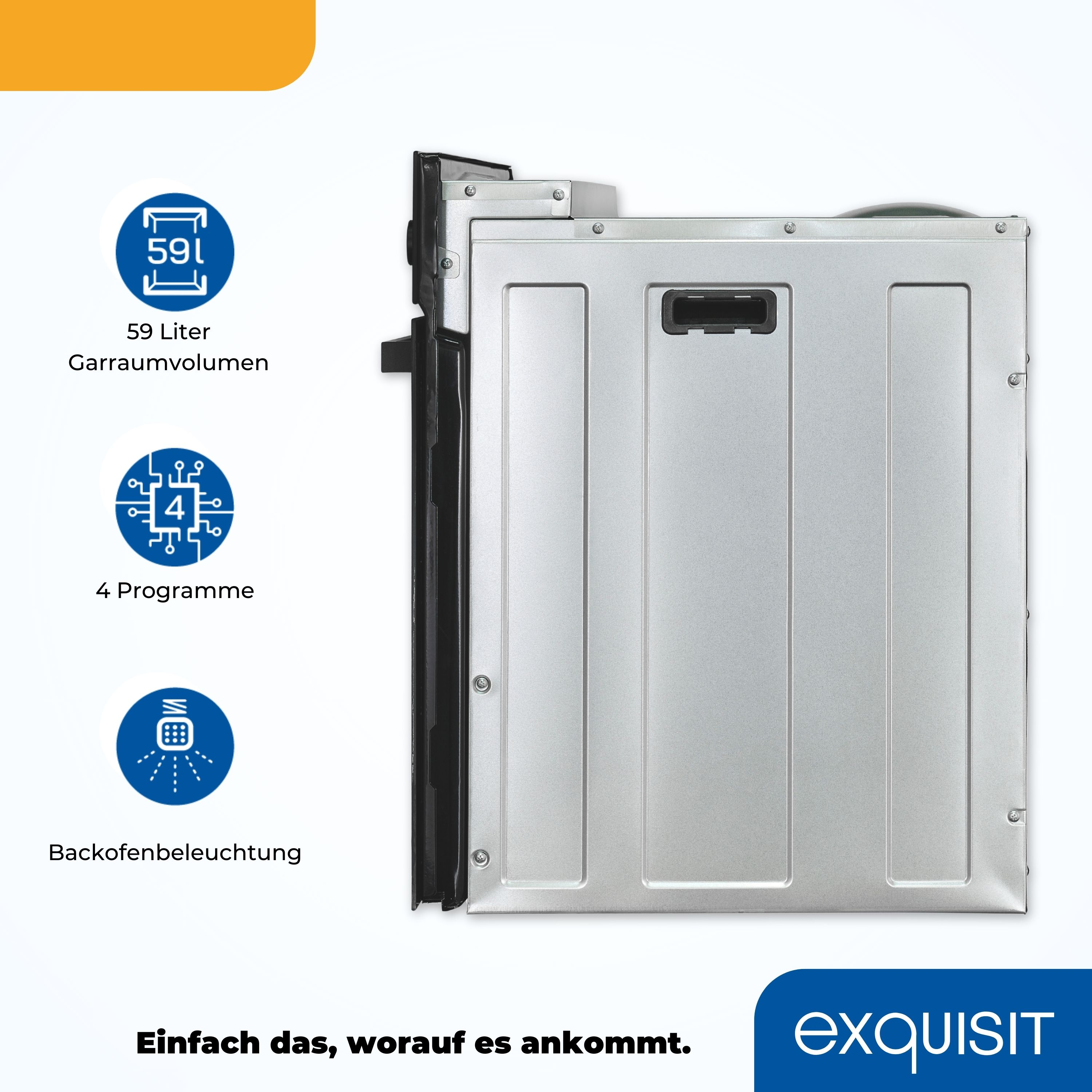 Ein Edelstahlbackofen mit Text über seine Eigenschaften, einschließlich 59L Fassungsvermögen und 4 Programme.