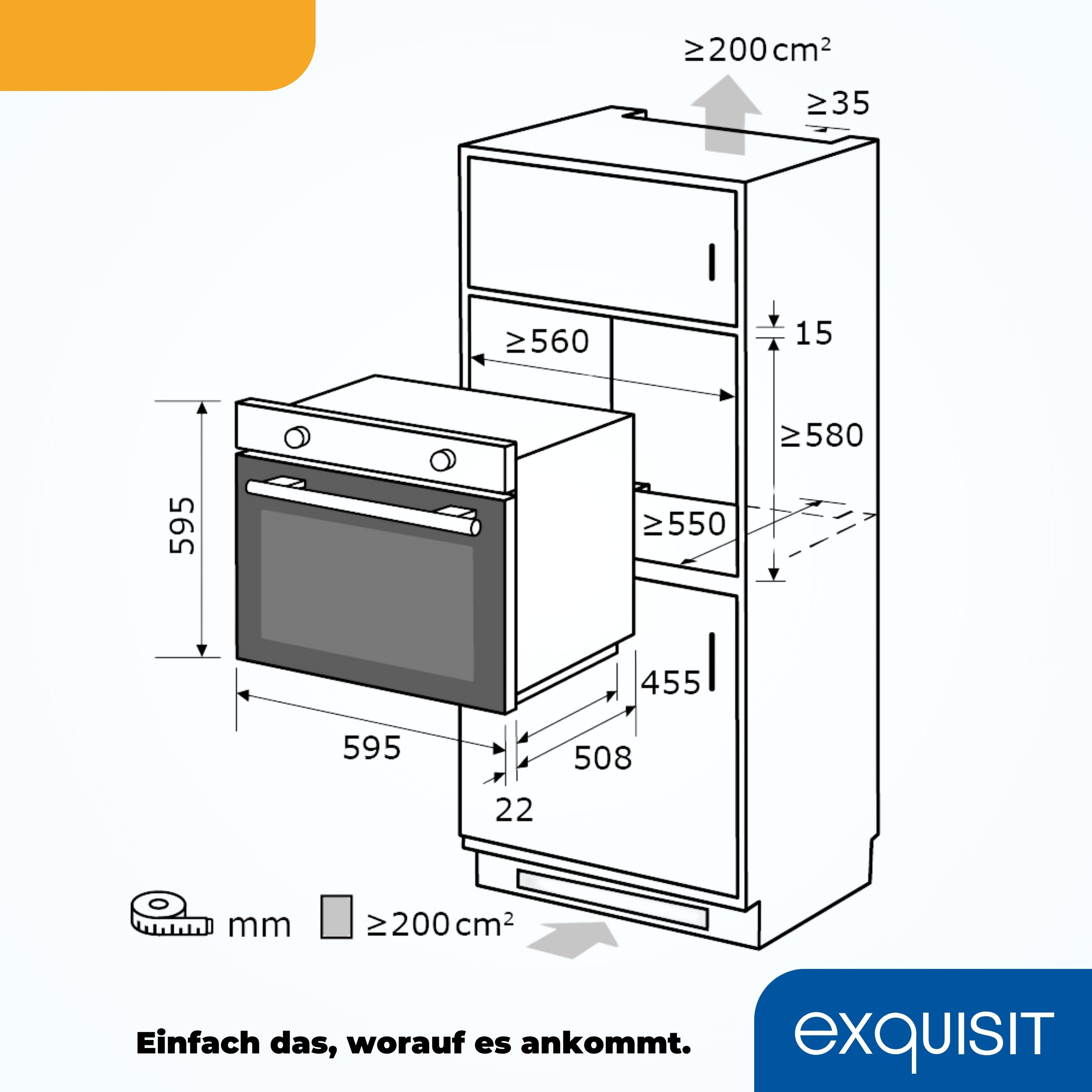 Diagramm eines Einbauofens mit Abmessungen und Design. Text: Einfach das, worauf es ankommt.