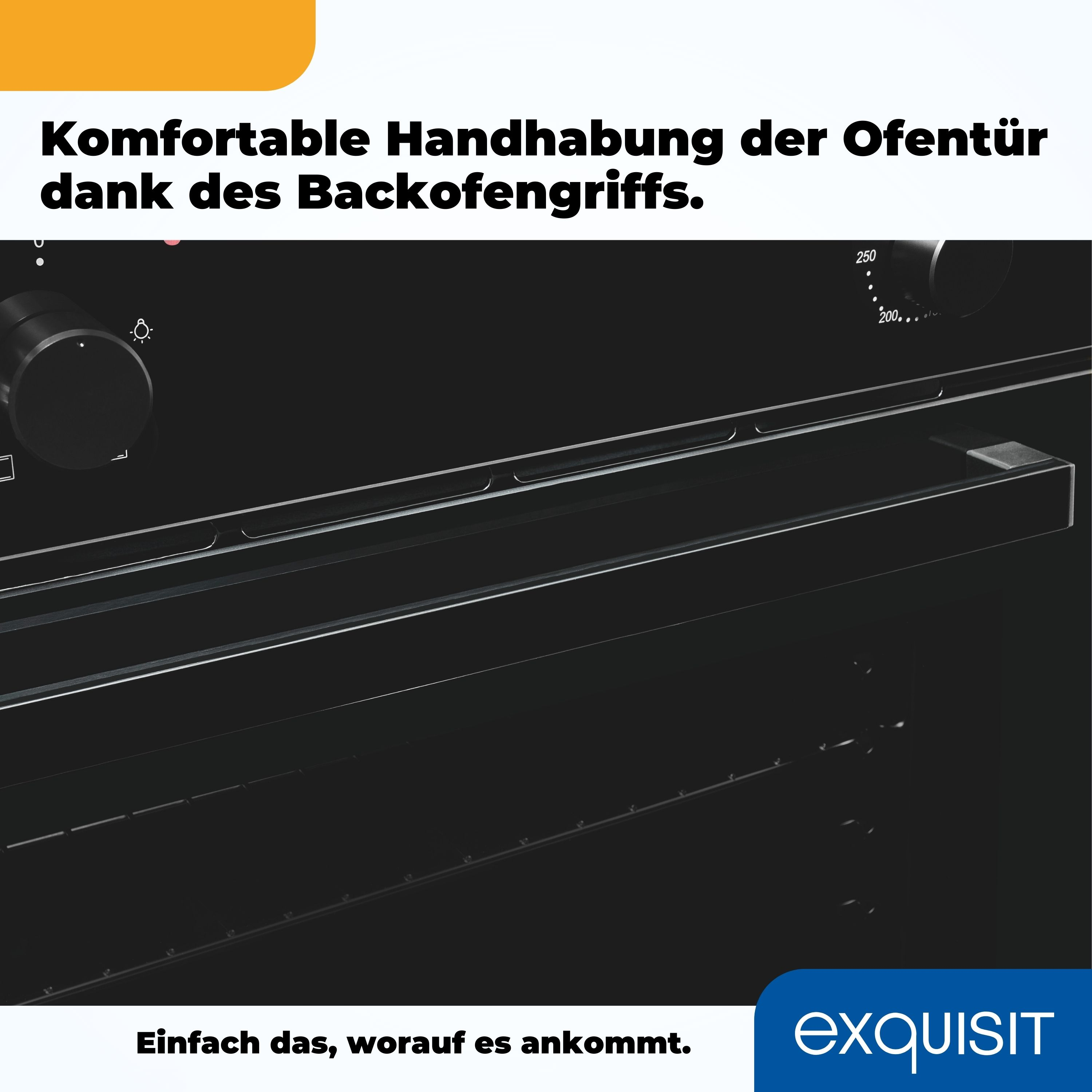 Schwarzer Ofeninnenraum mit Griff und Bedienknöpfen. Text auf Deutsch oben und unten.