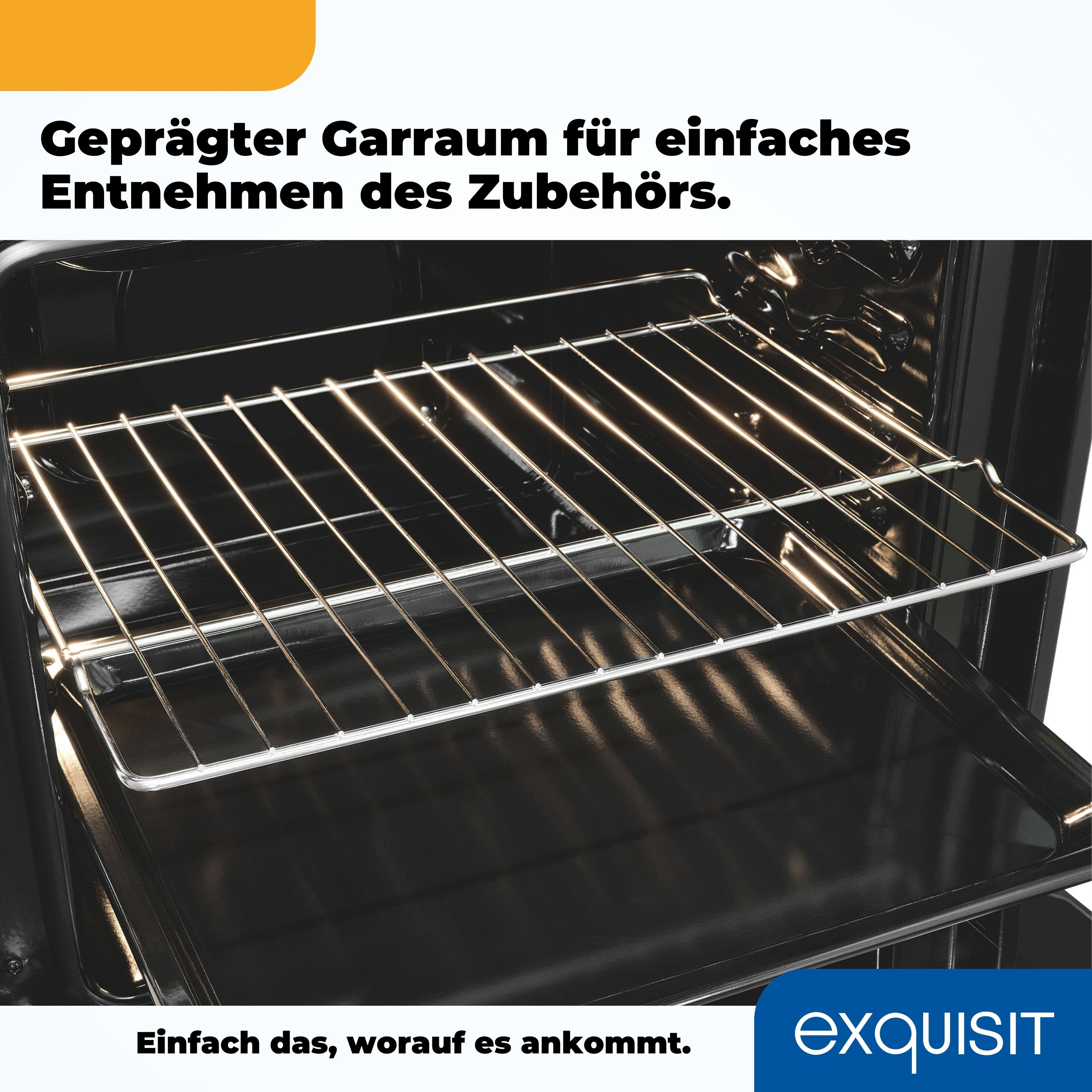 Offener Backofen mit Rosten darin. Text auf Deutsch. Schwarzer Backofen mit schwarzem Innenraum. Weißer Hintergrund.
