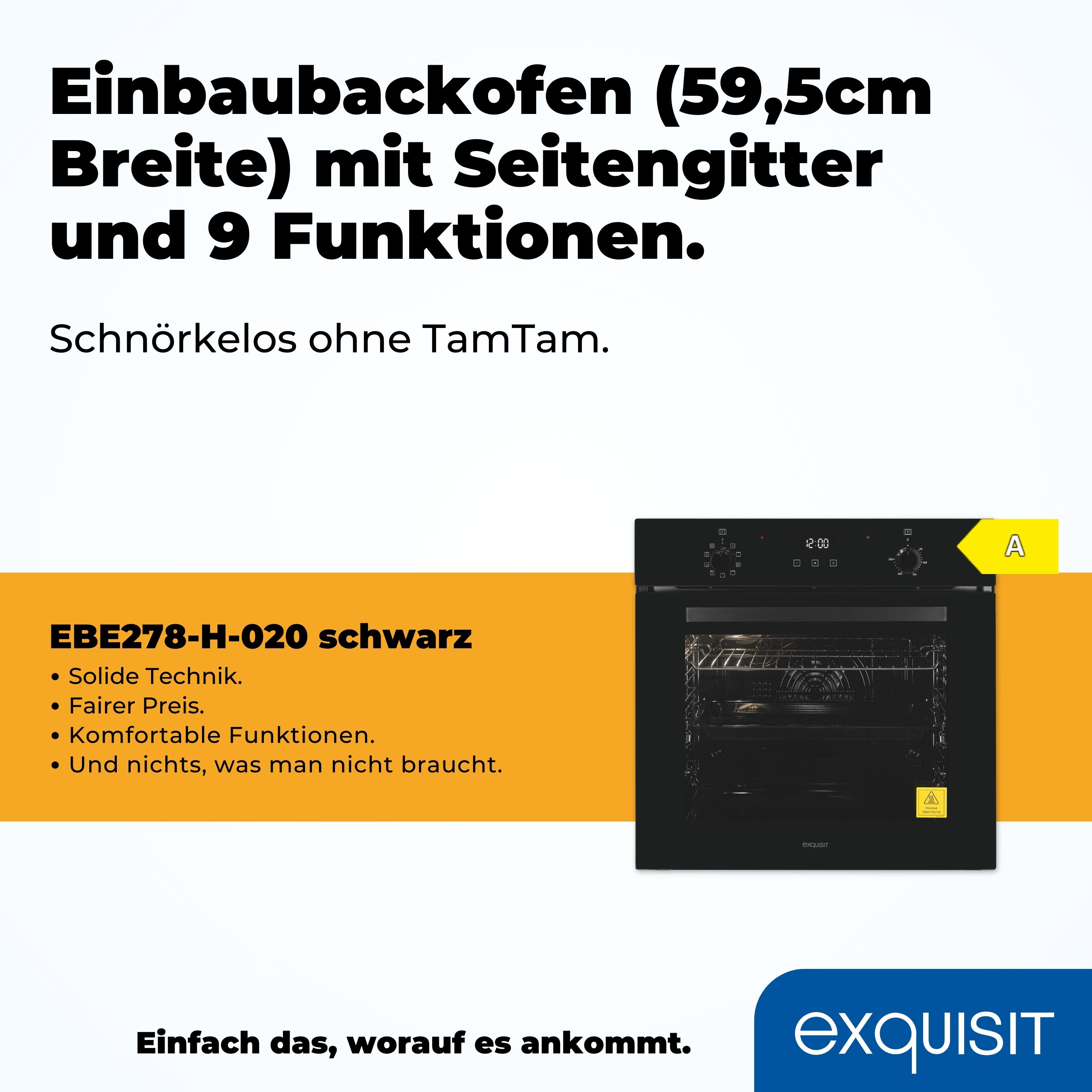Ein schwarzer Einbaubackofen mit deutschem Text, einschließlich Markenname und Funktionen.