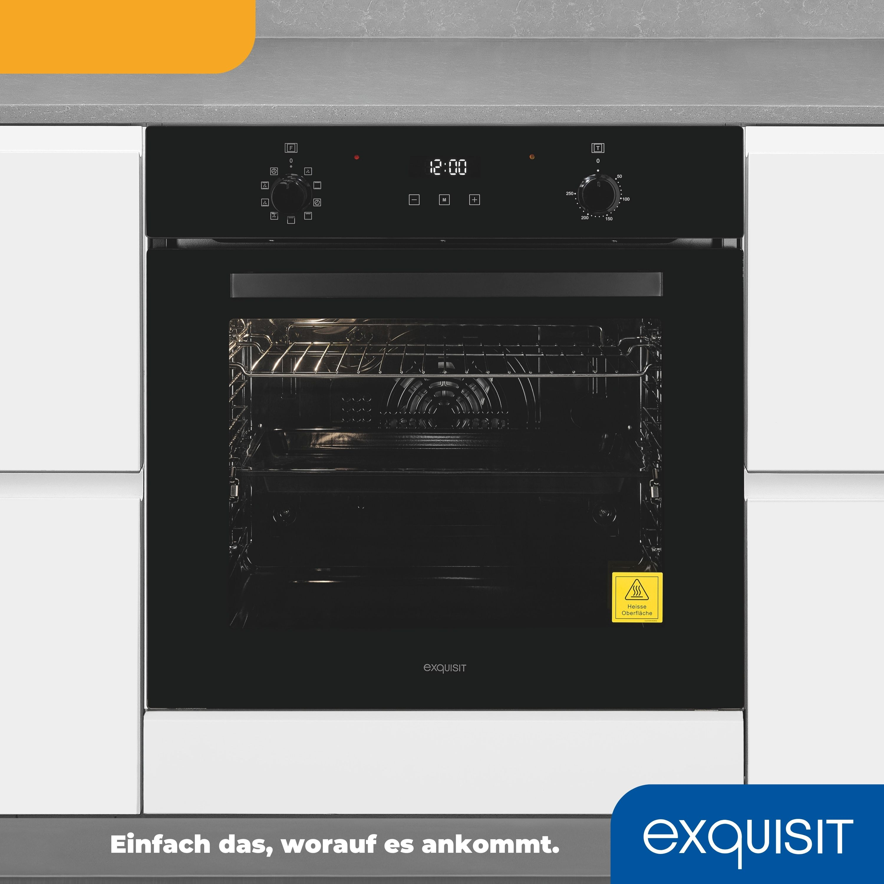 Einbau-Backofen, schwarz. Text: Exquisit, und der Text: Einfach das, worauf es ankommt.