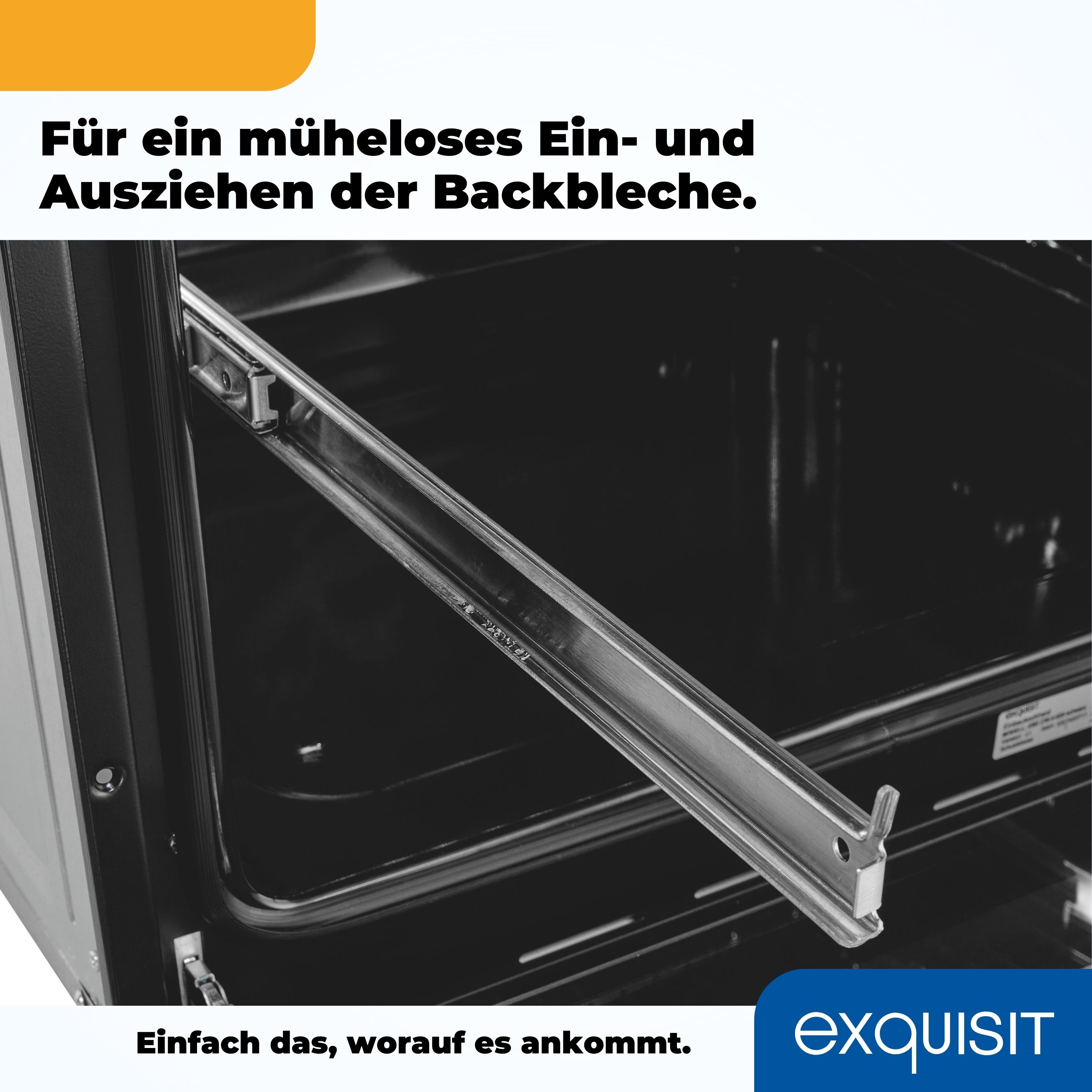 Im Backofen ist eine silberne Schiene für Backbleche sichtbar. Text oben sagt einfaches Herausnehmen.