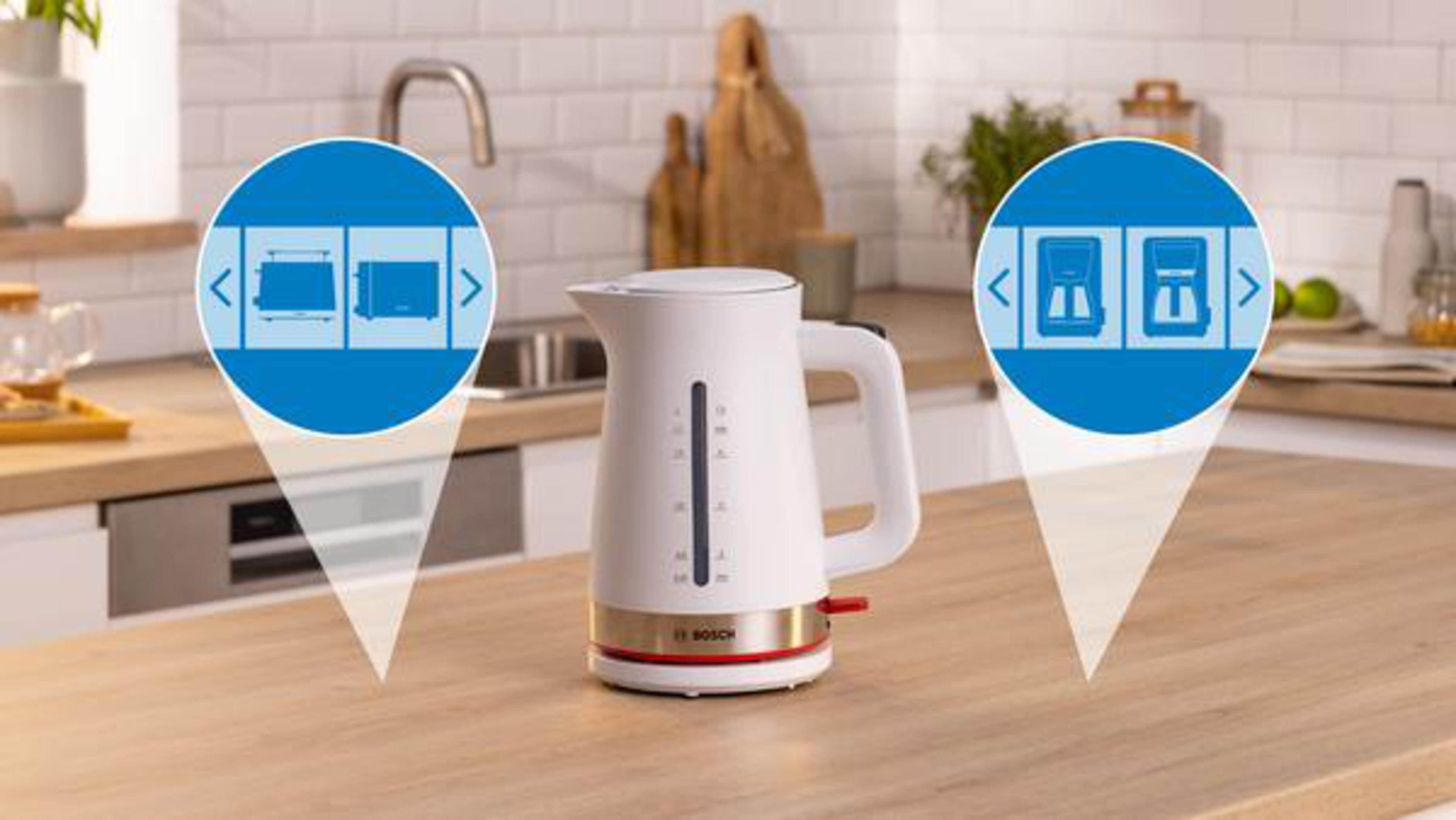 Biały czajnik elektryczny na drewnianej powierzchni, z ikonami i wskaźnikami wskazującymi funkcje.