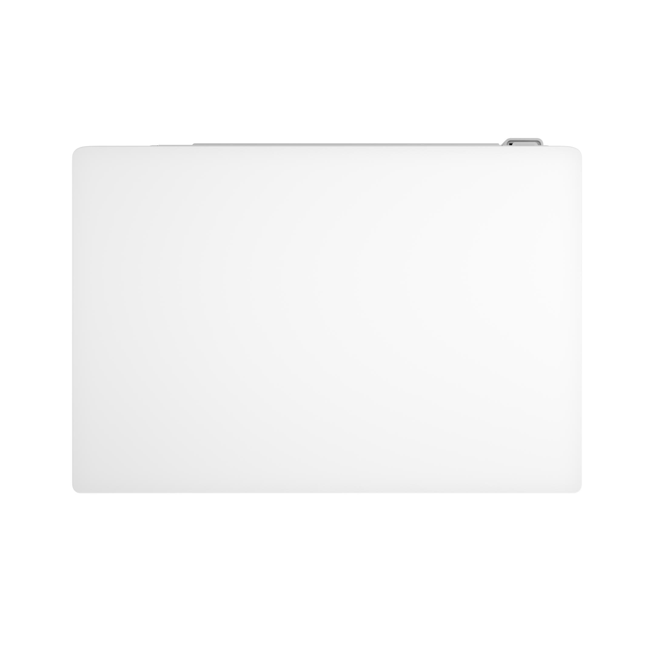 Un laptop bianco visto dall'alto. Lo schermo è vuoto, mostrando uno sfondo bianco.