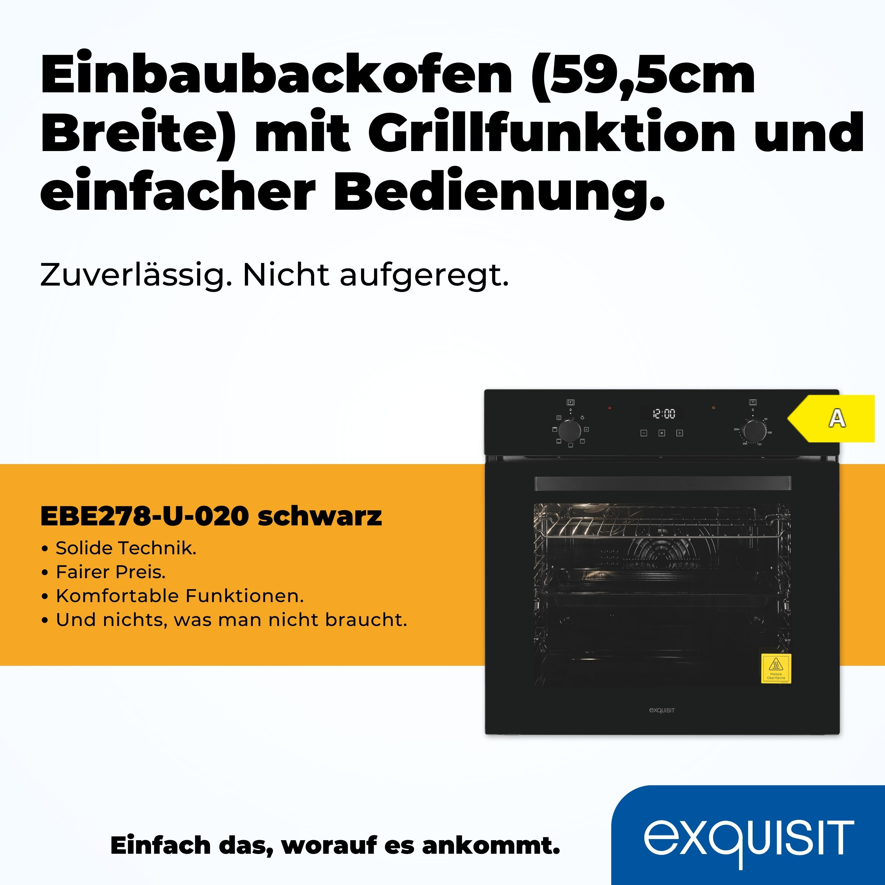 Schwarzer Backofen mit Text zur Beschreibung der Eigenschaften. Der Ofen ist EBE278-U-020 schwarz.