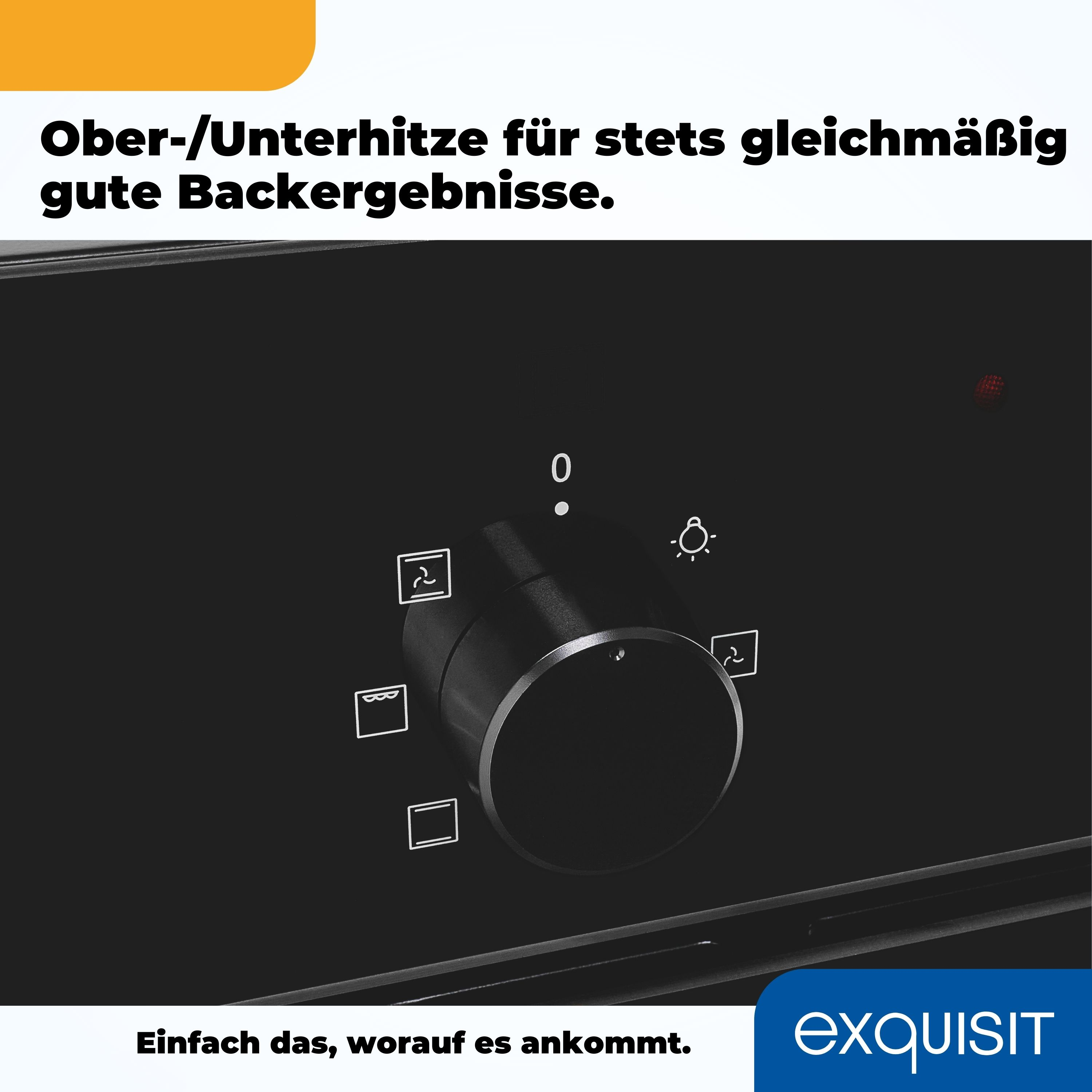 Schwarzes Ofen-Bedienfeld mit Drehknopf und mehreren Icon-Anzeigen.