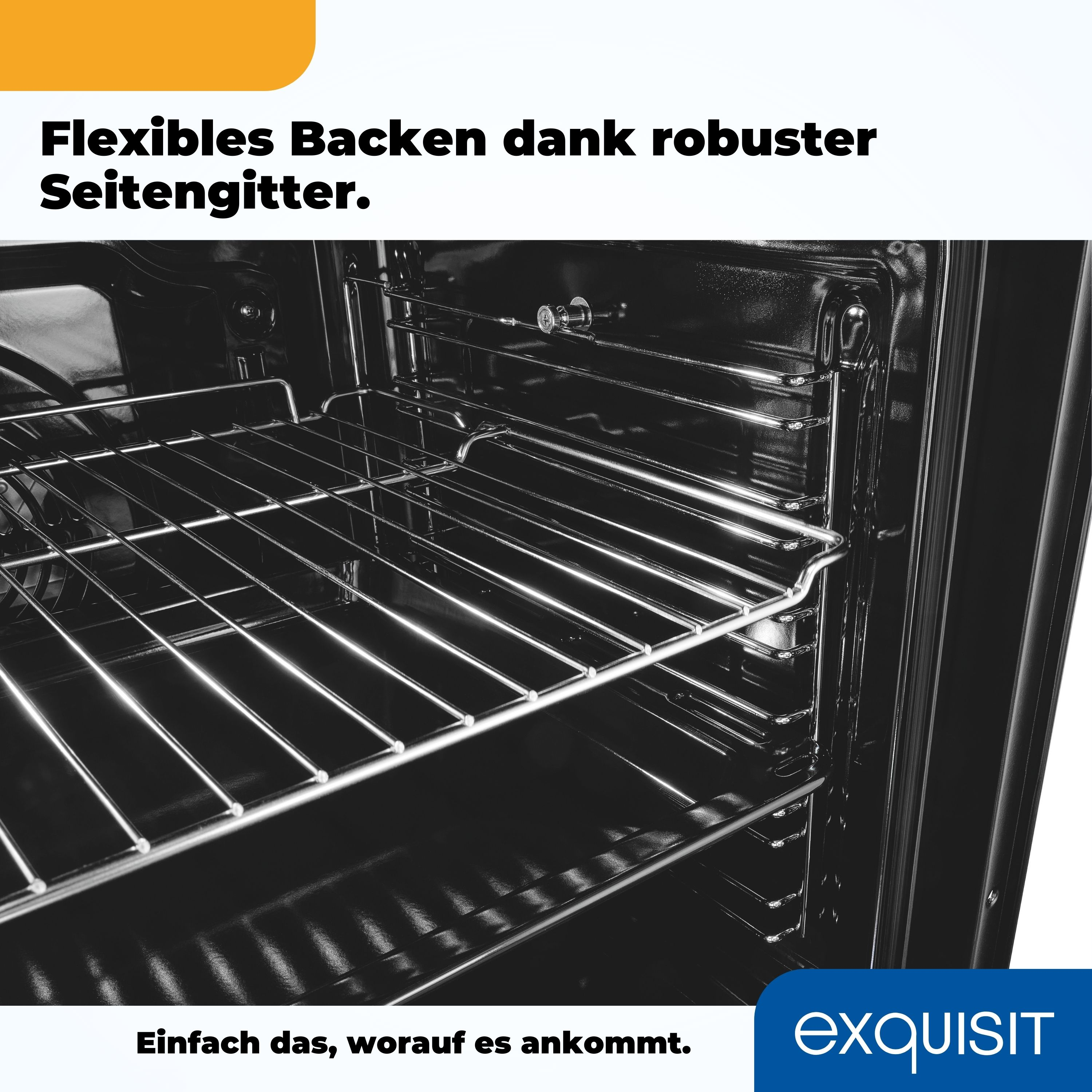 Offener Ofen mit Rosten im Inneren. Text über flexibles Backen und robuste Seitengitter. Schwarzes Äußeres.