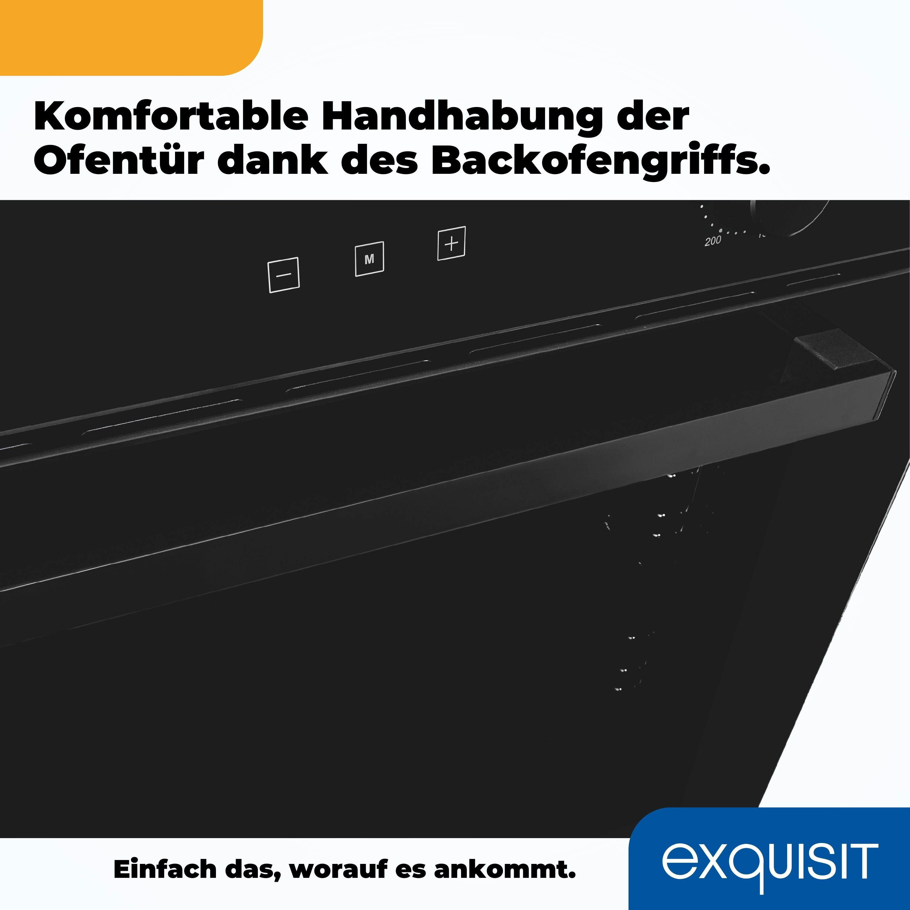 Nahaufnahme einer schwarzen Ofentür mit Griff. Der Text auf Deutsch steht darüber.