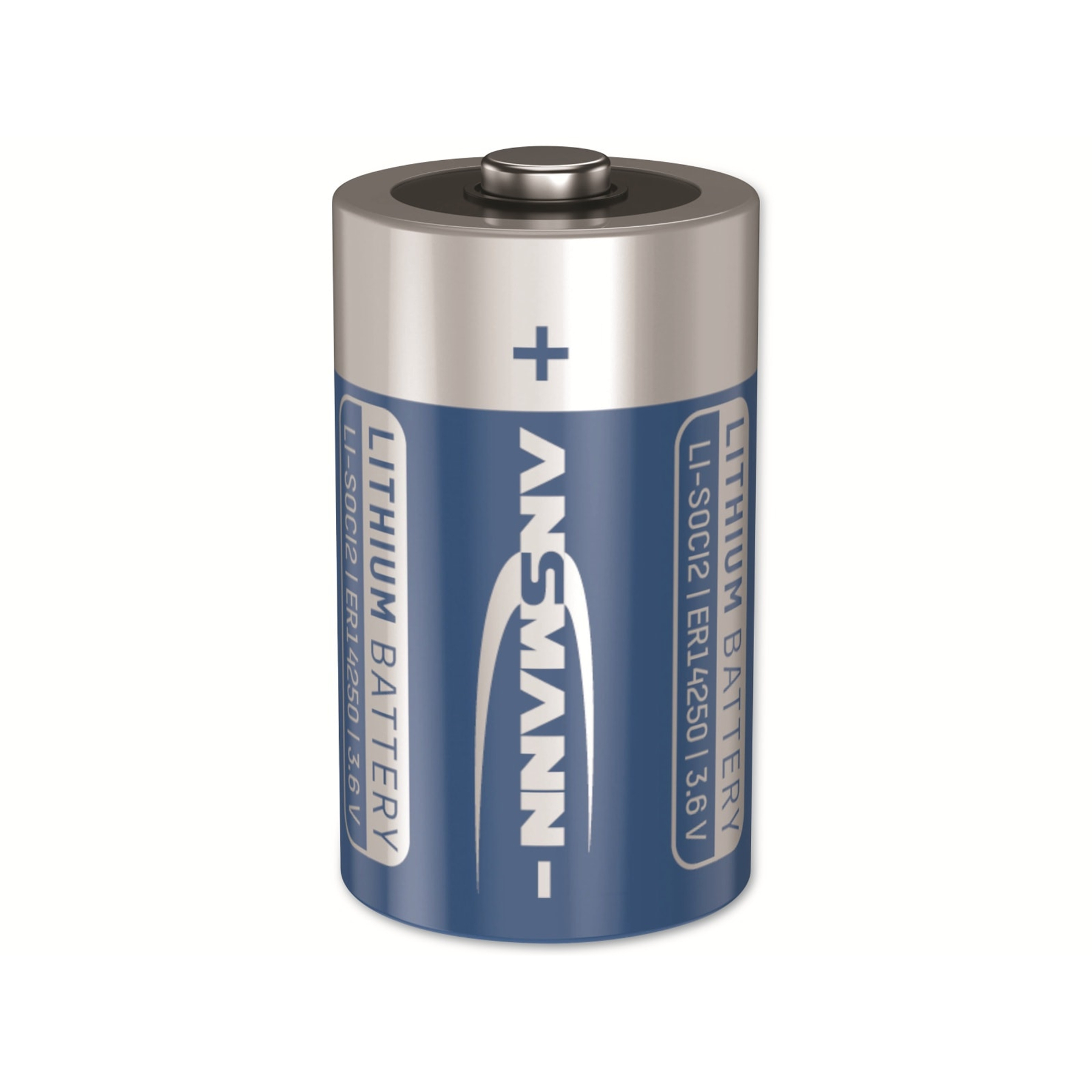 Eine zylindrische Batterie mit blauem Etikett, Text und Pluszeichen.