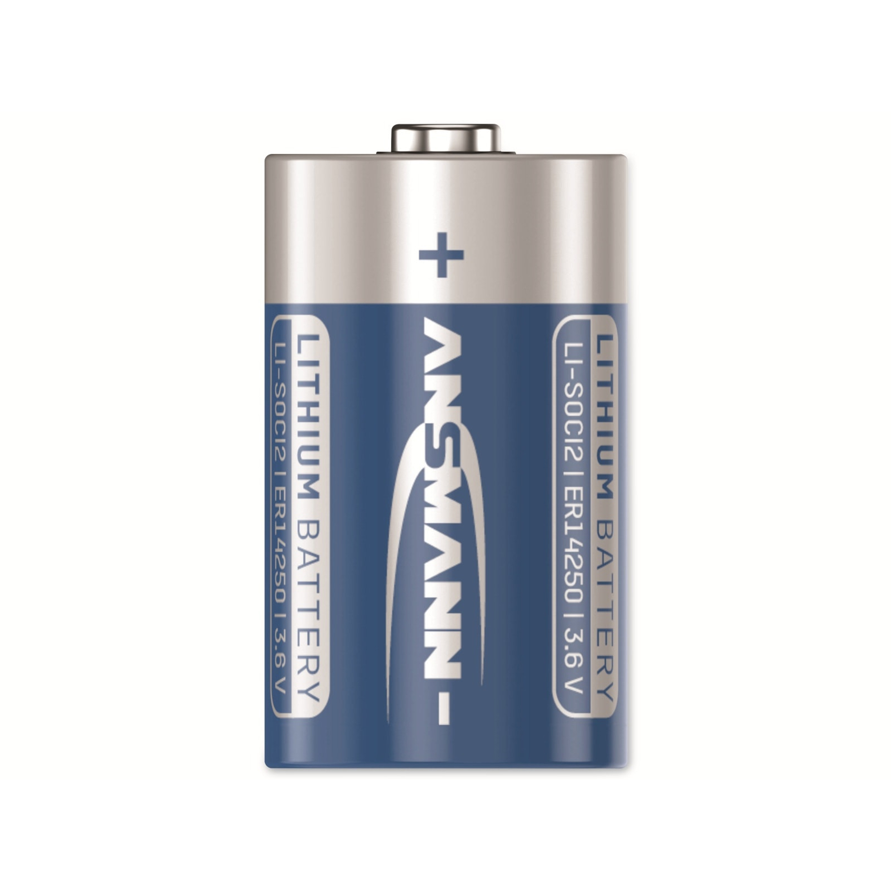 Eine Lithiumbatterie, zylindrisch mit blau und silber, mit der Marke 'ANSMANN'.