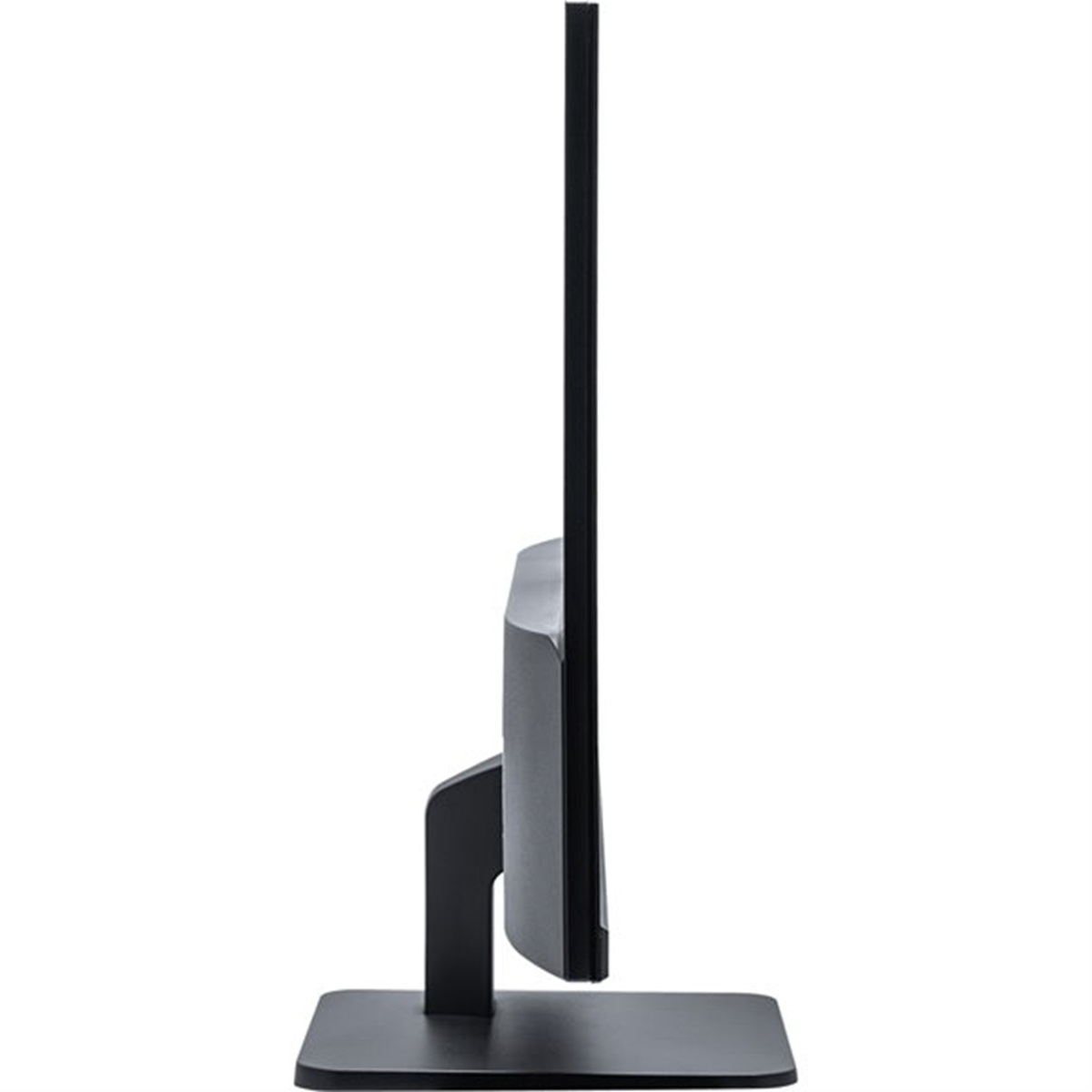 Widok z boku monitora. Czarny ekran i podstawka na białym tle.