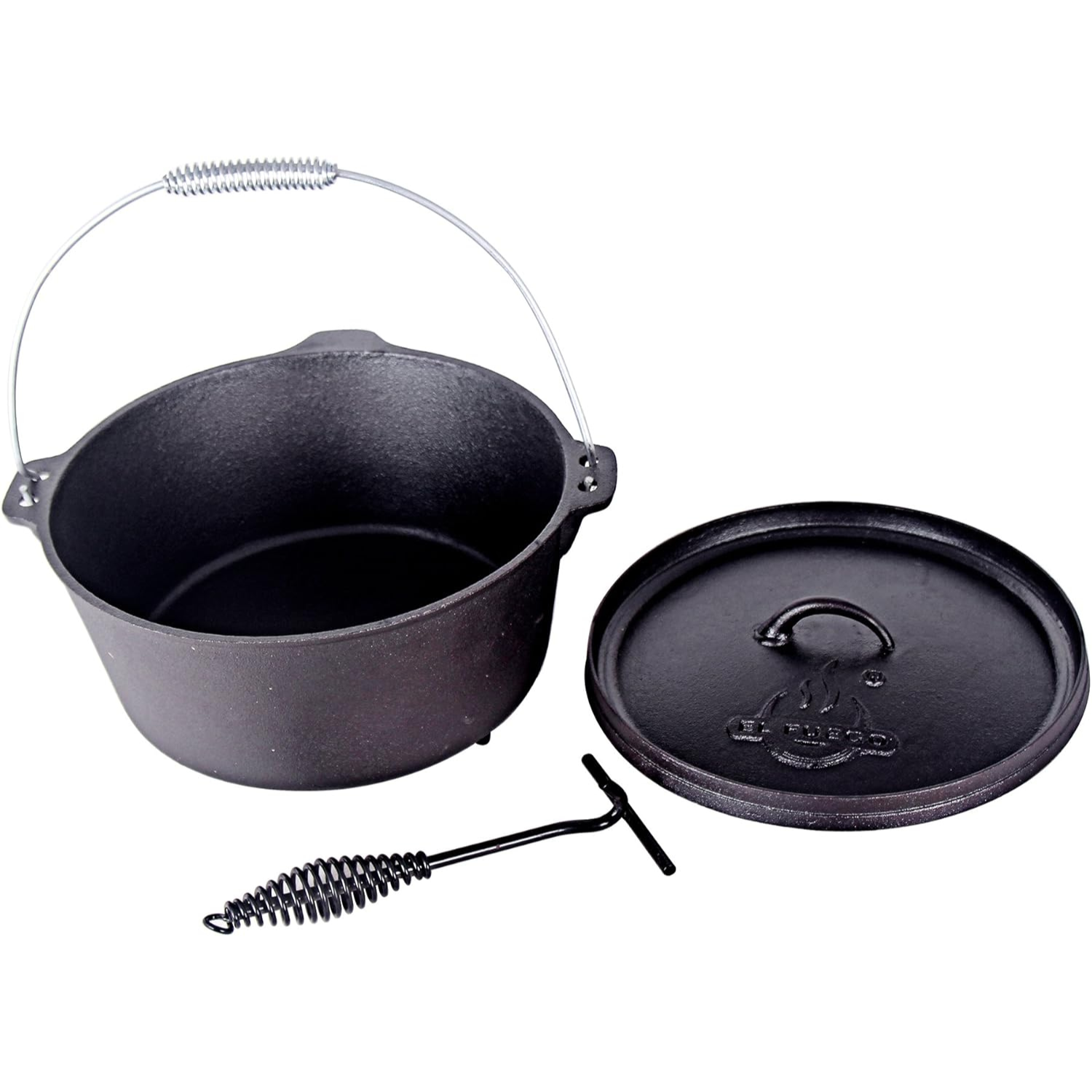 Schwarzer gusseiserner Dutch Oven Topf mit Deckel und Griff. Weißer Hintergrund.