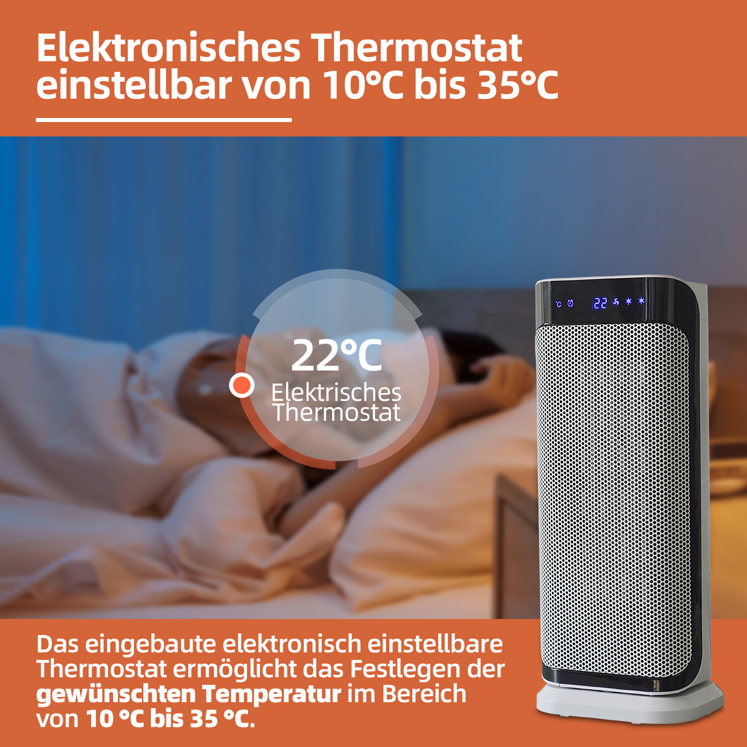 Elektrische Heizung mit einer Frau im Bett. Zeigt die Temperaturregelung.
