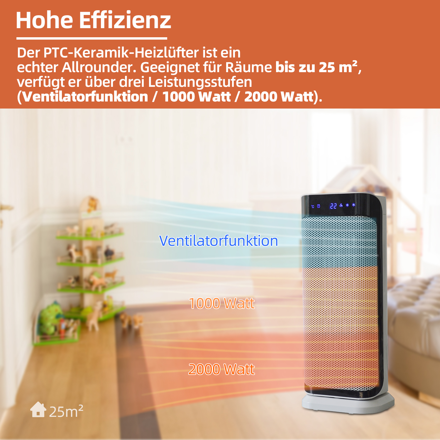 Ein orange-schwarzer Heizlüfter mit Text und Bildern eines Raumes.