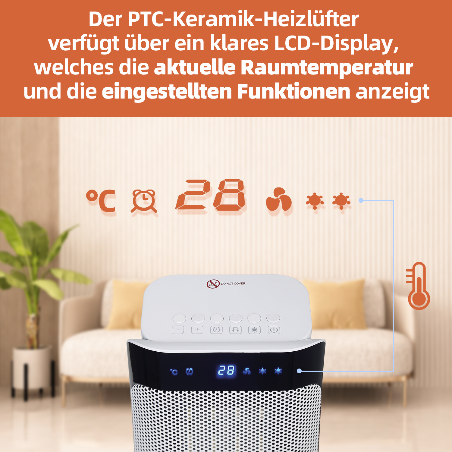 Ein schwarz-weißer Luftheizer mit einem Display, das die Temperatur und Steuerungssymbole zeigt.