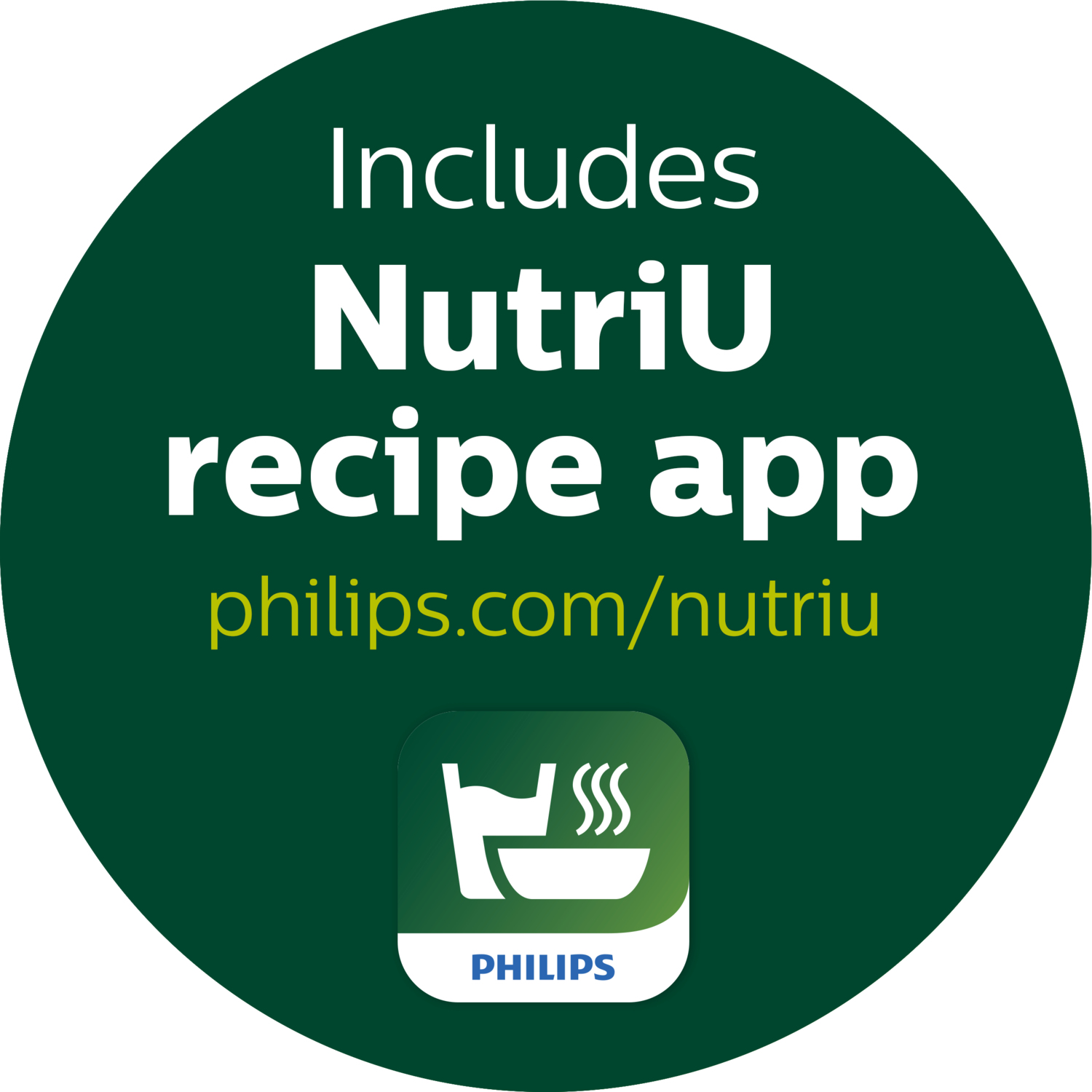 Un adesivo circolare verde con il logo Philips e il testo sull'app NutriU.