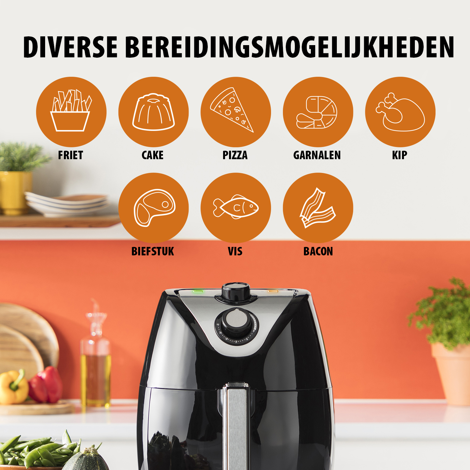 Eine Heißluftfritteuse und Essenssymbole. Die Symbole umfassen Pommes, Kuchen, Pizza, Garnelen, Hähnchen, Steak, Fisch und Speck.