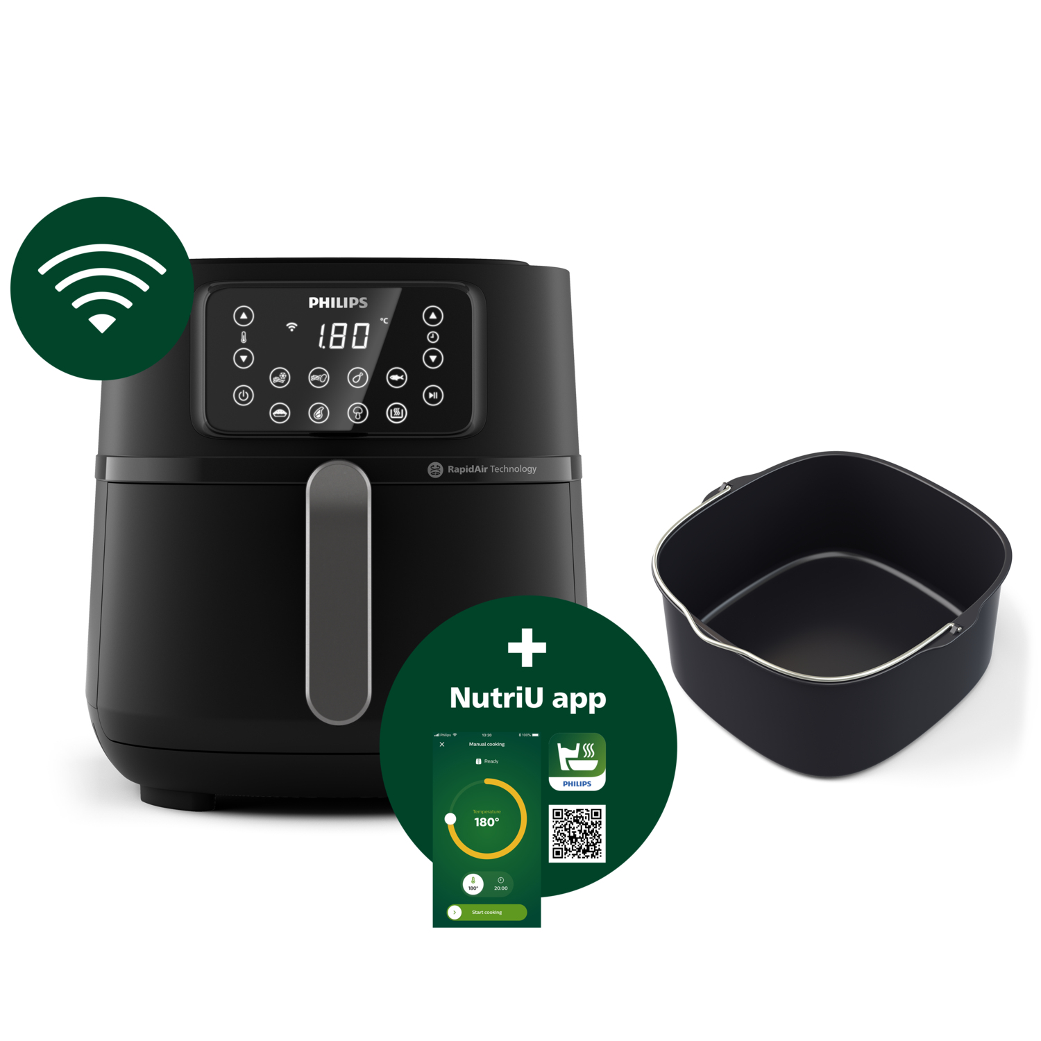 Schwarze Philips Heißluftfritteuse mit separatem Korb. WLAN- und NutriU-App-Symbole sind links und unten zu sehen.