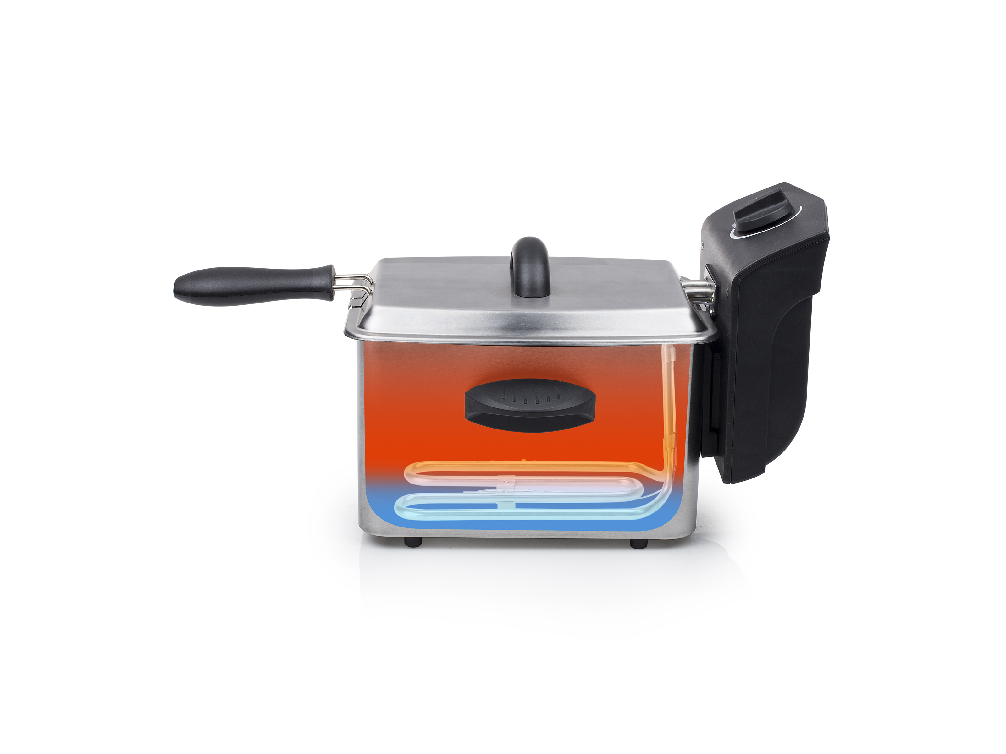 Frytownica z widocznym olejem i elementami grzewczymi. Kolory czerwony i niebieski.