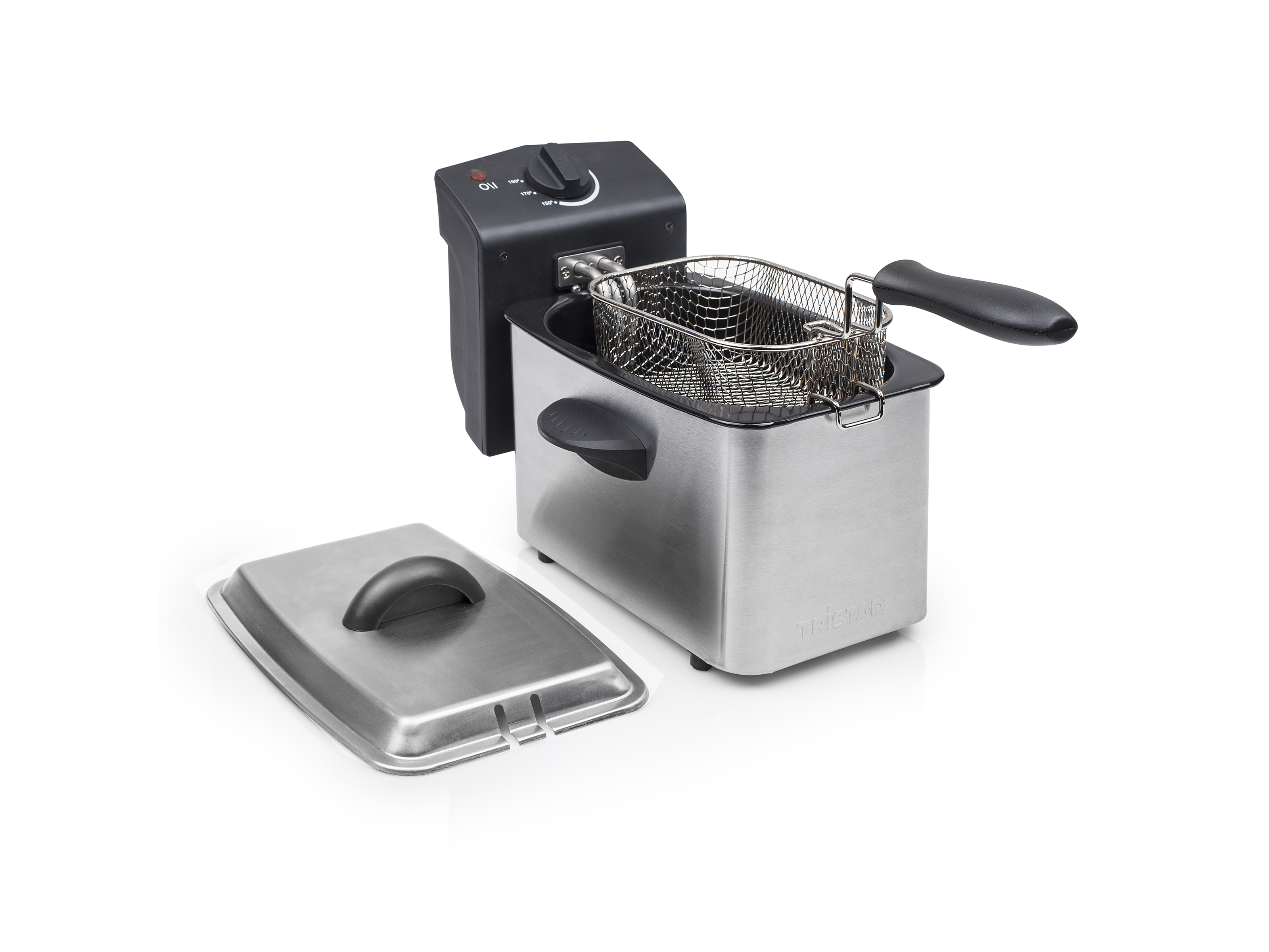 Frytownica ze stali nierdzewnej z pokrywą. Kosz jest wyjęty. Czarny uchwyt.