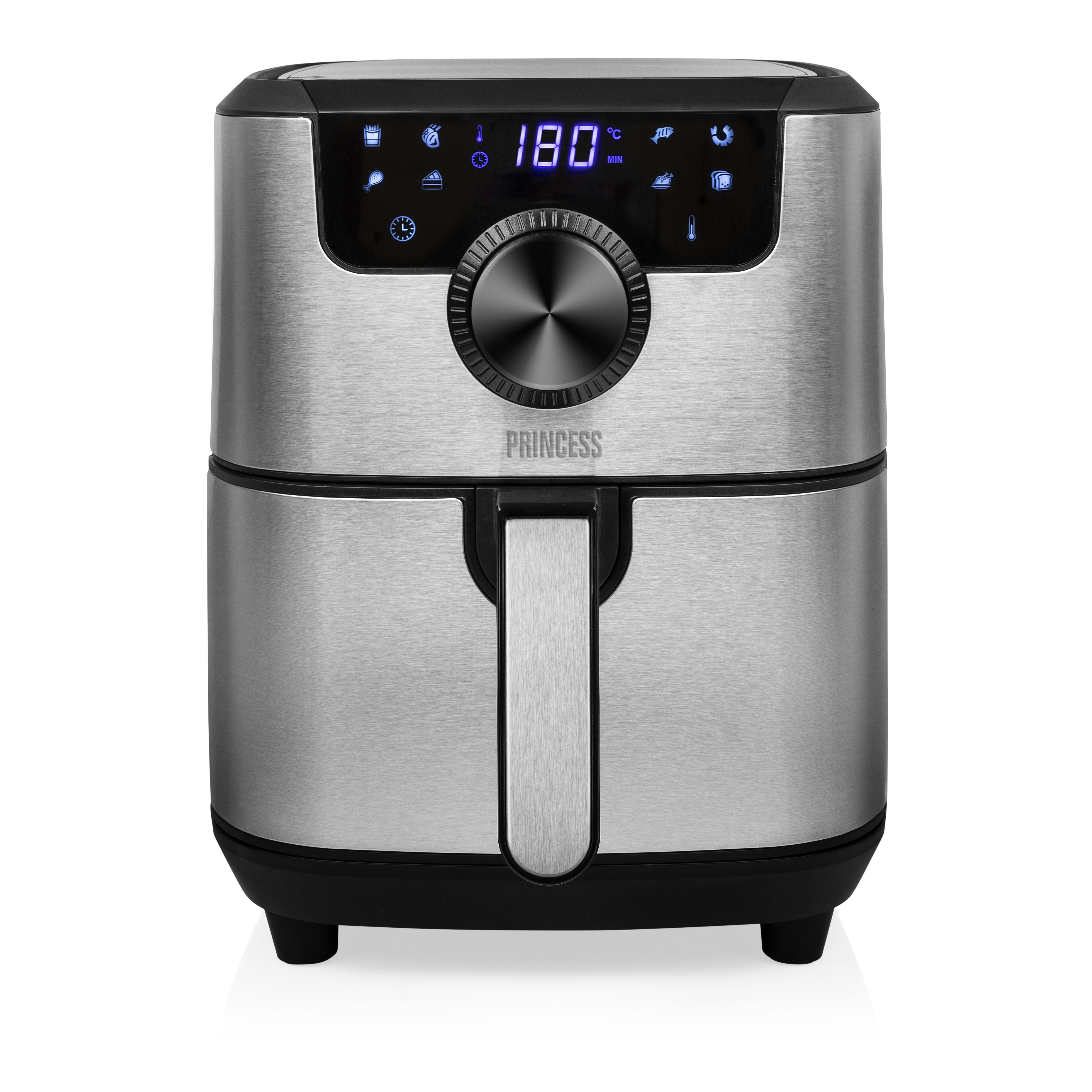 Srebrna frytkownica powietrzna z wyświetlaczem cyfrowym (180 stopni). Czarny uchwyt i podstawa.