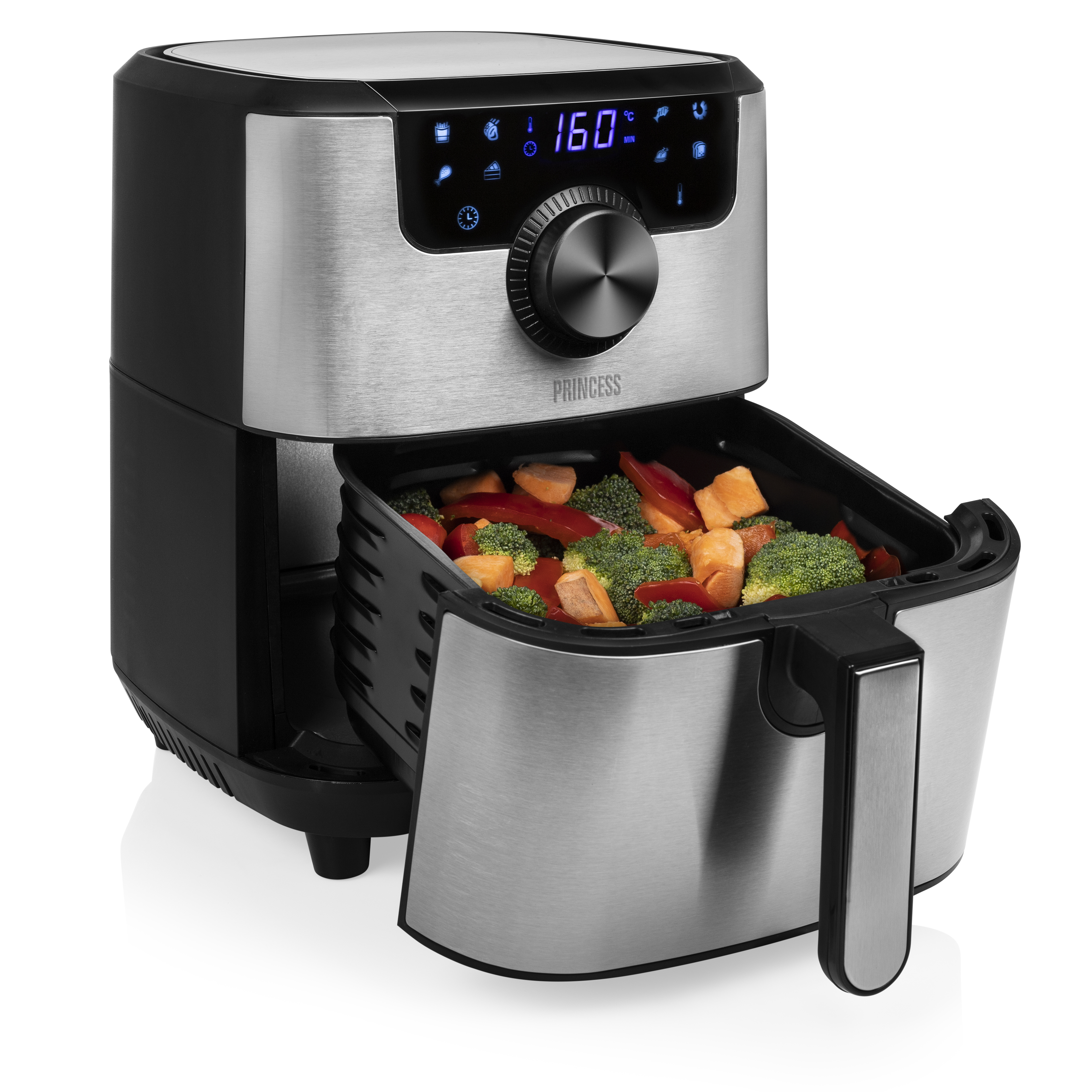Czarna i srebrna frytkownica powietrzna z jedzeniem w koszu. Ma cyfrowy wyświetlacz i pokrętło.