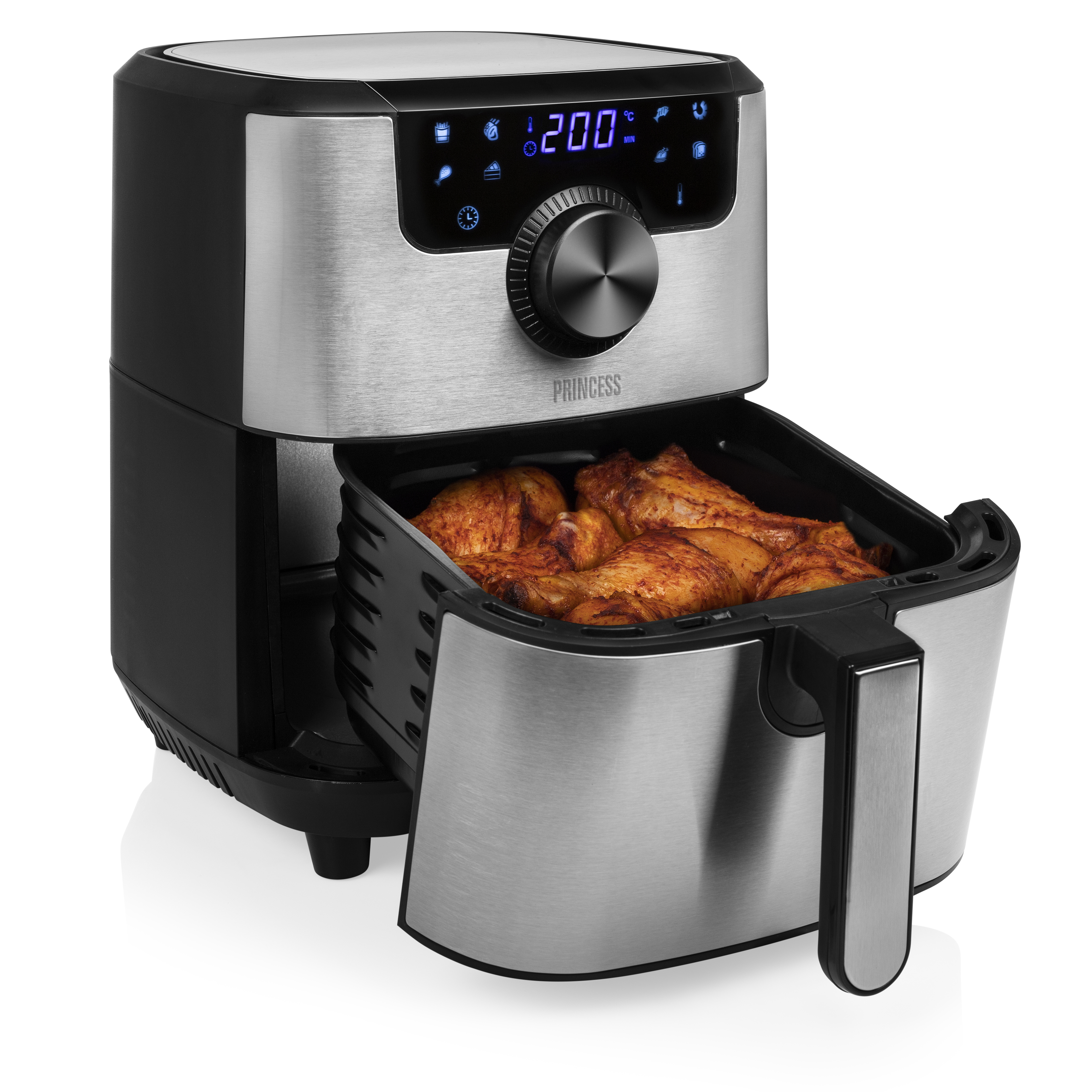 Frytownica powietrzna z pałkami z kurczaka. Jest czarna i srebrna. Wyświetlacz pokazuje 200 stopni.