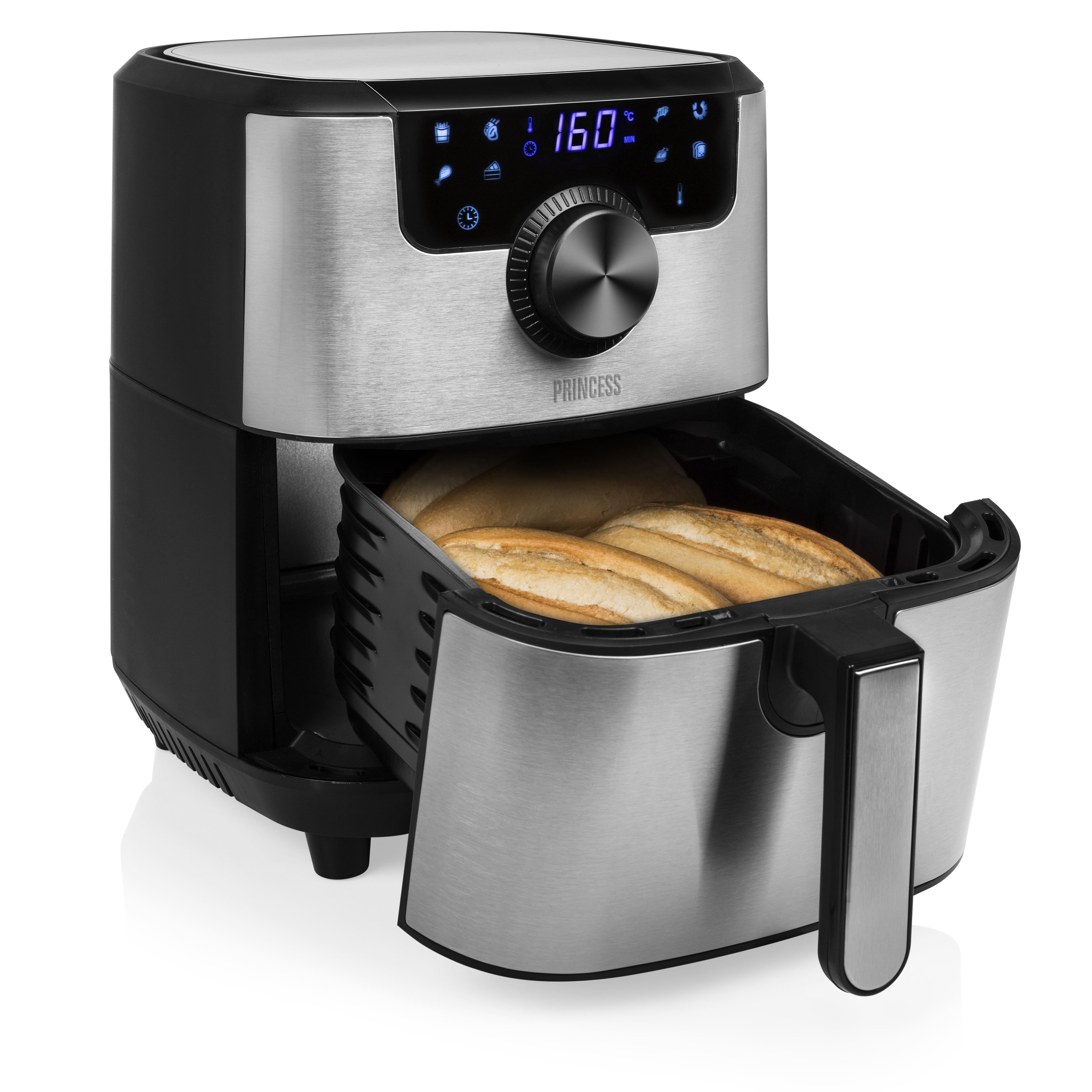 Srebrno-czarna frytkownica powietrzna z otwartym koszem z chlebem. Wyświetlacz cyfrowy pokazuje 160°C.