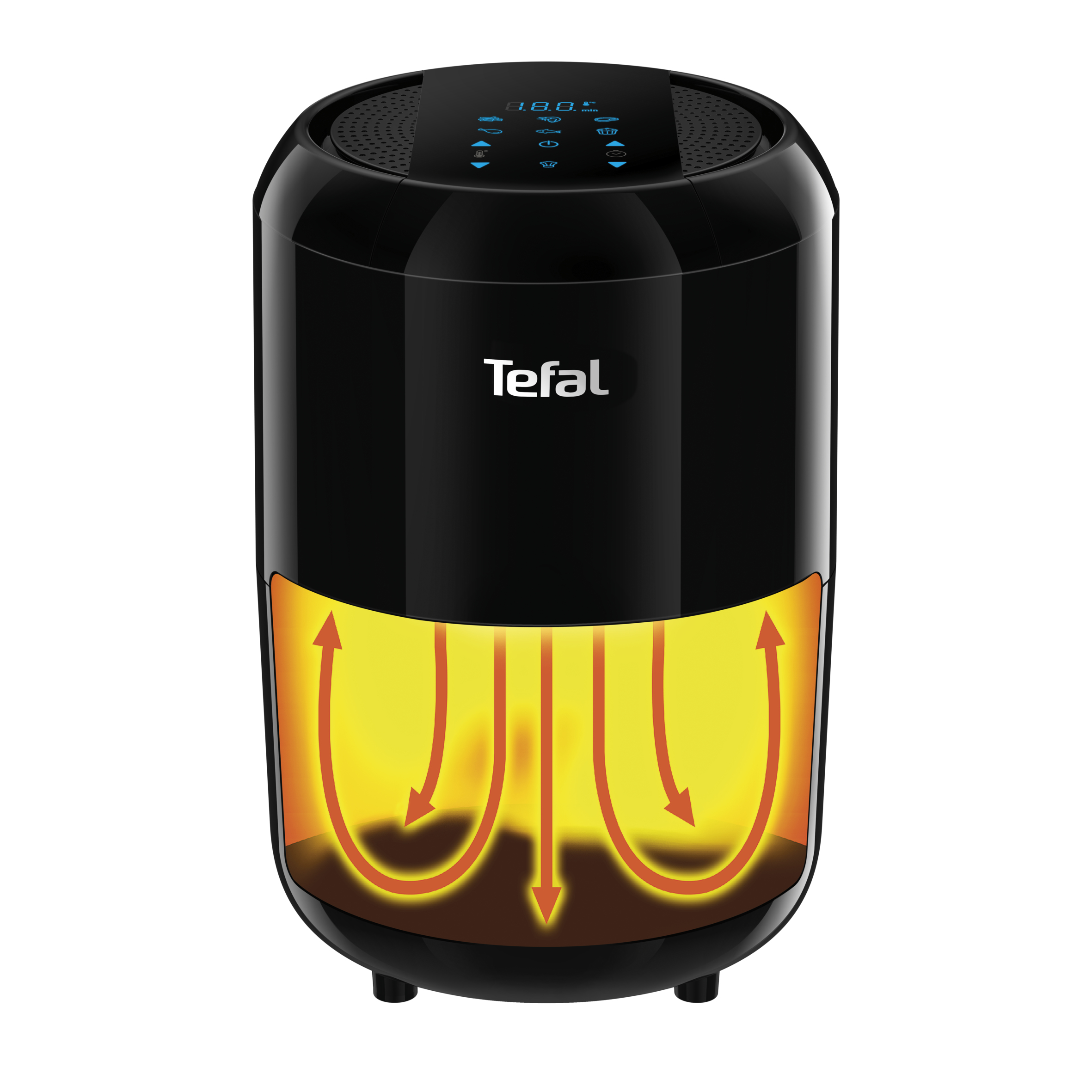Schwarze Tefal Heißluftfritteuse, mit Luftstromdiagramm. Weißer Hintergrund.