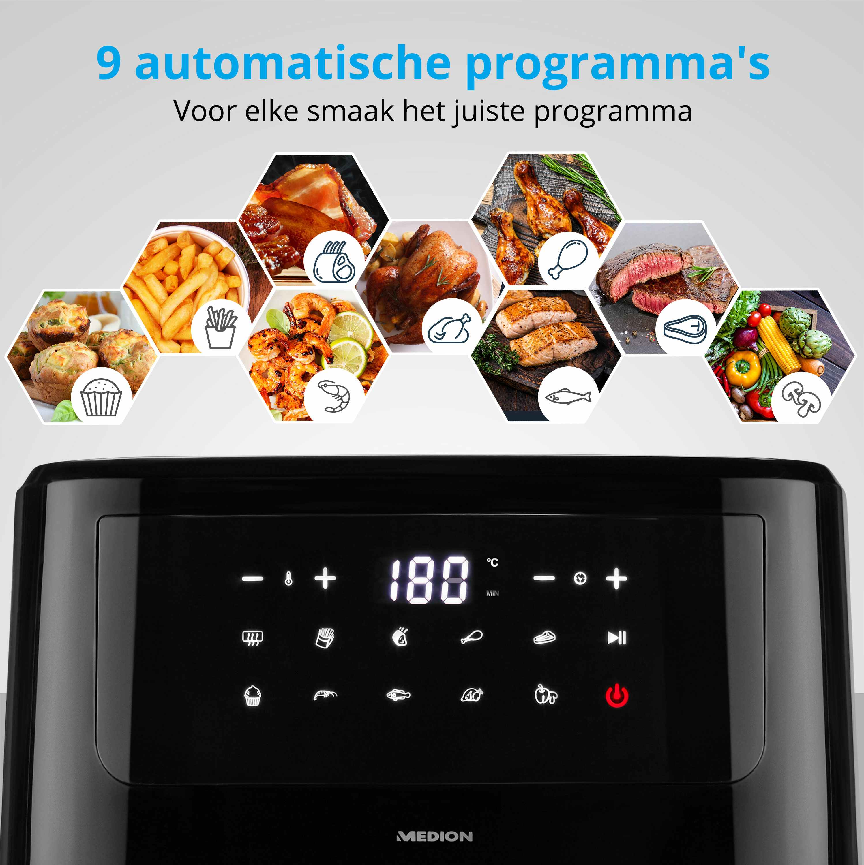 Frytkownica powietrzna z wyświetlaczem cyfrowym, zdjęcia gotowanych potraw. Tekst u góry: '9 programów automatycznych'.