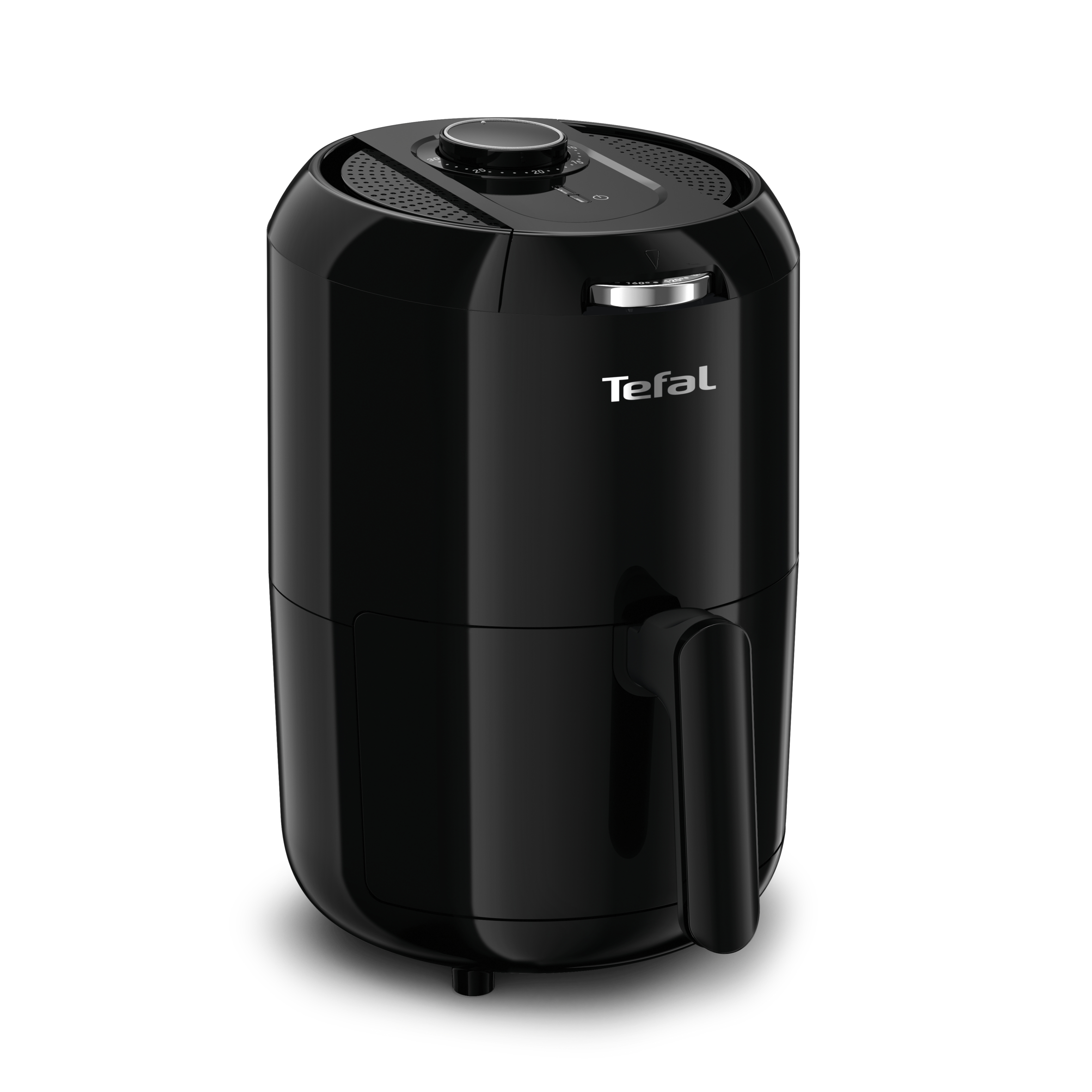Czarna frytkownica Tefal z uchwytem, panelem sterowania i błyszczącym wykończeniem, na białej powierzchni.