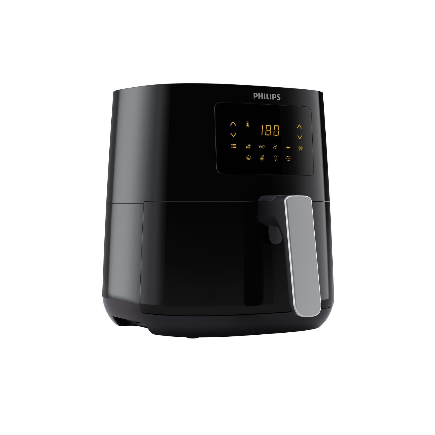 Freidora de aire Philips negra con pantalla digital y asa plateada.