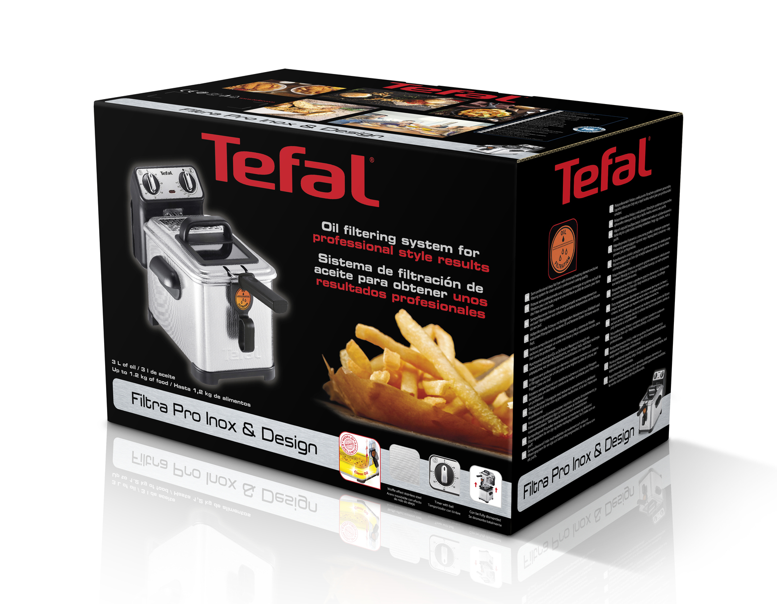 Scatola Tefal Fryer. Scatola nera con immagine friggitrice, testo multilingue. Patatine fritte.