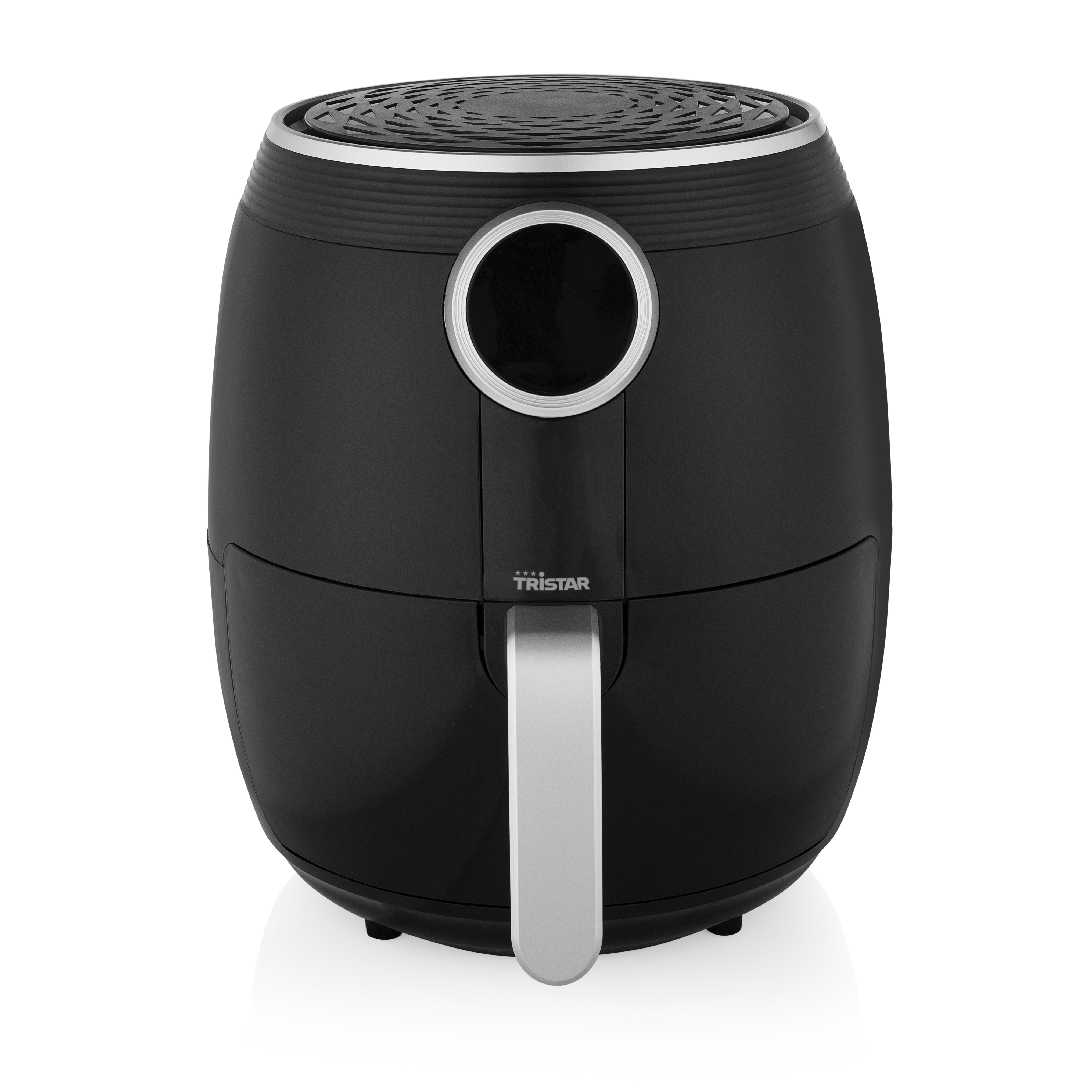 Friggitrice ad aria Tristar nera con manico argentato e design circolare, su sfondo bianco.