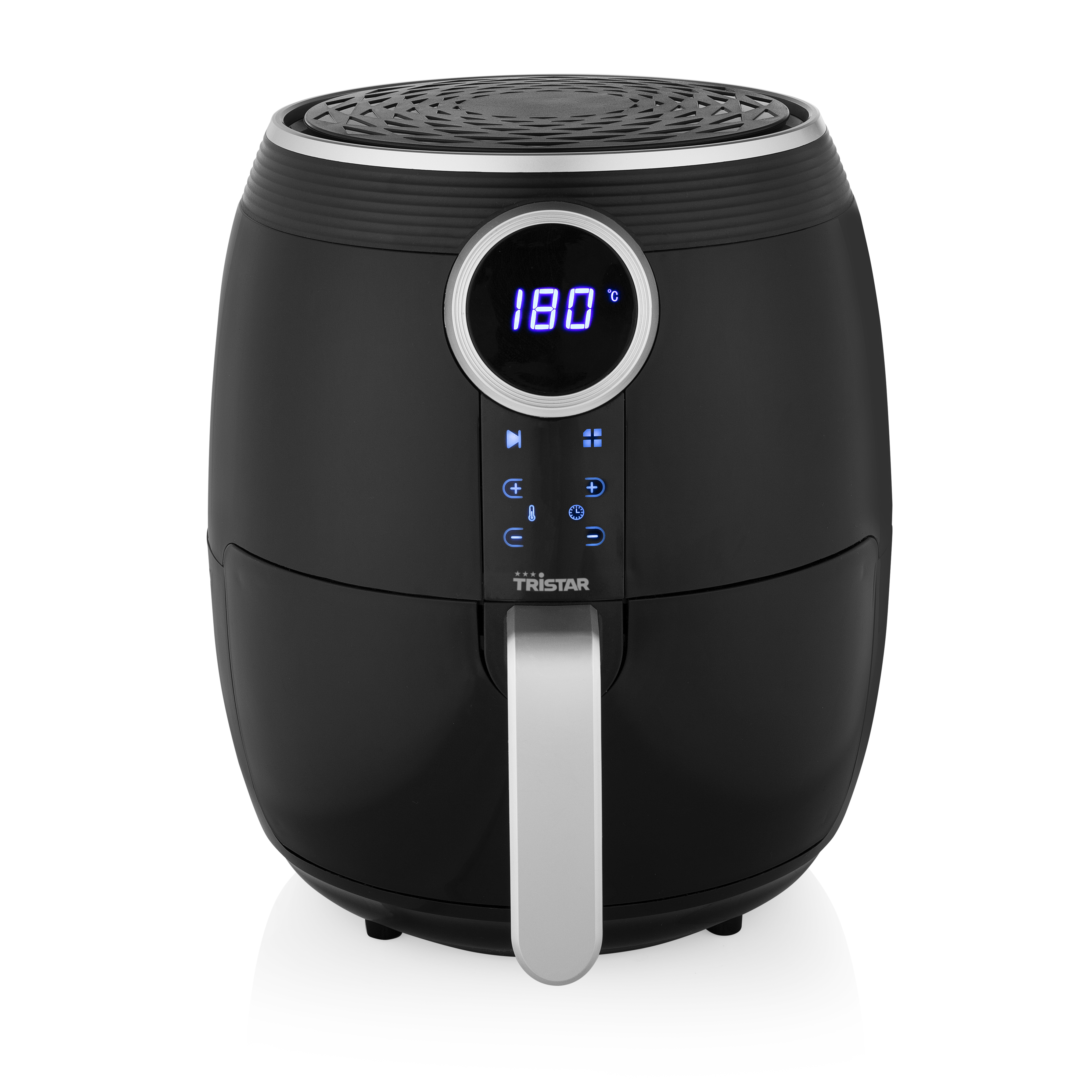 Friggitrice ad aria nera con display digitale che mostra 180 gradi. Ha maniglia e pulsanti argentati.