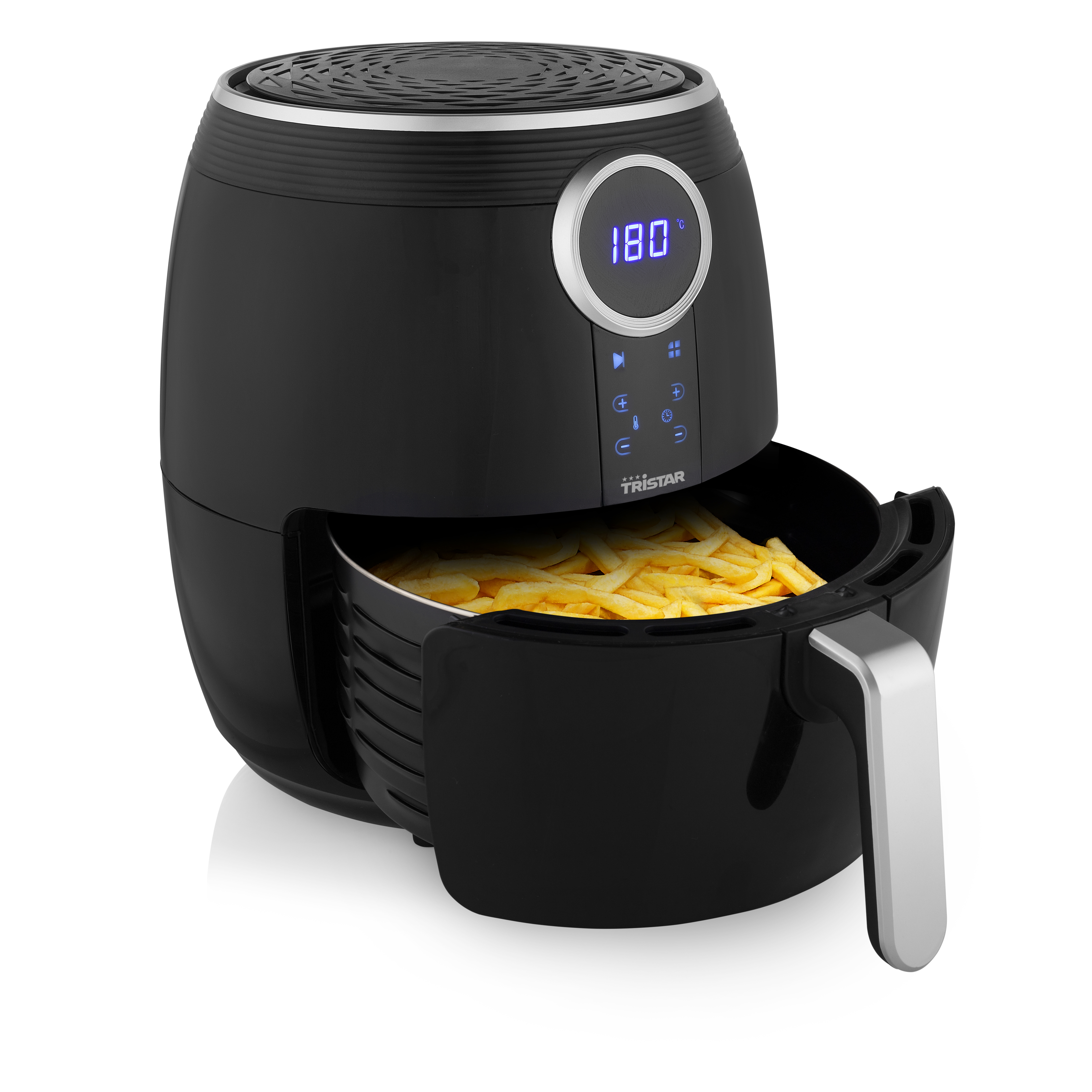 Una friggitrice ad aria nera con patatine fritte all'interno e un display digitale che mostra 180 gradi.