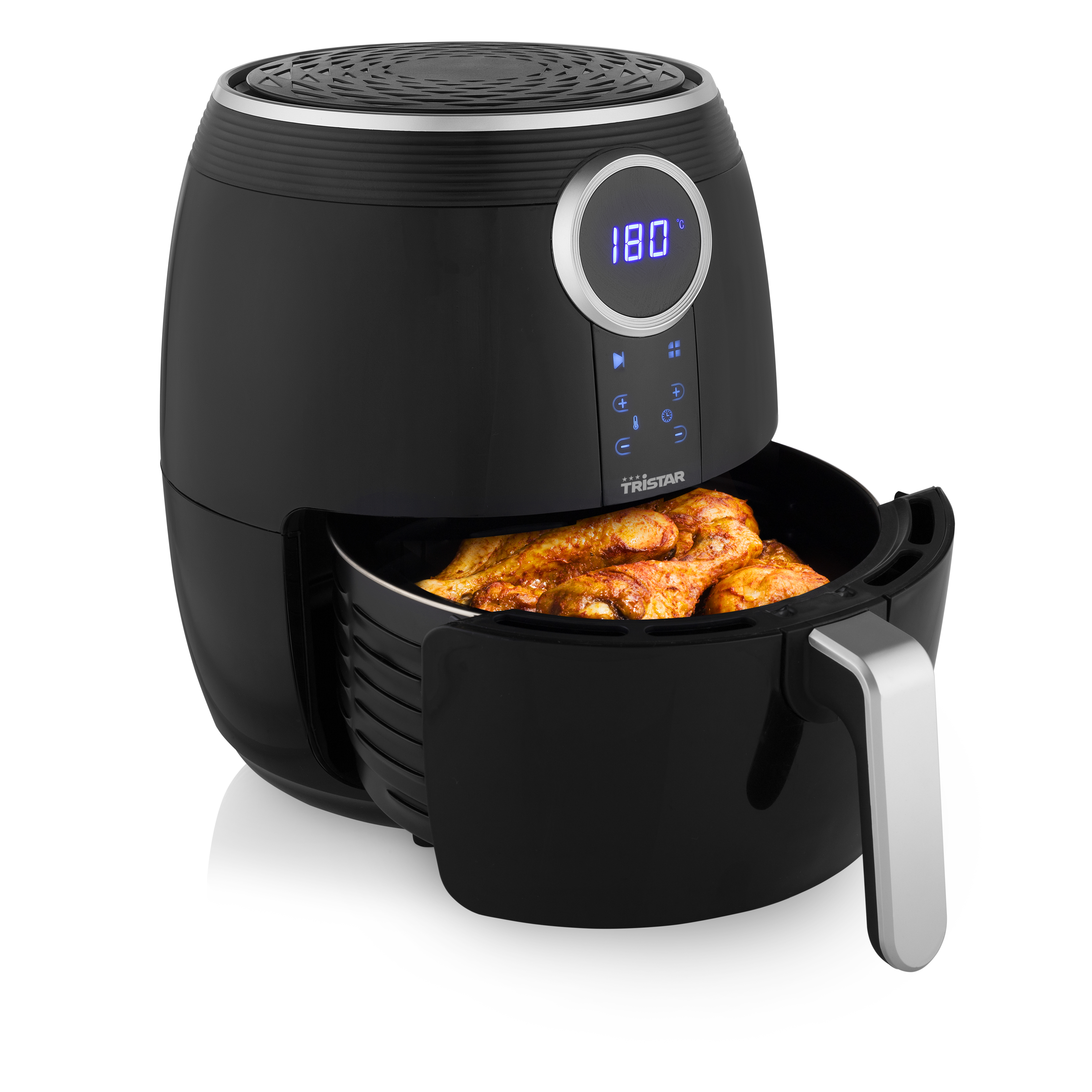 Friggitrice ad aria nera con cibo all'interno e display digitale che mostra la temperatura.