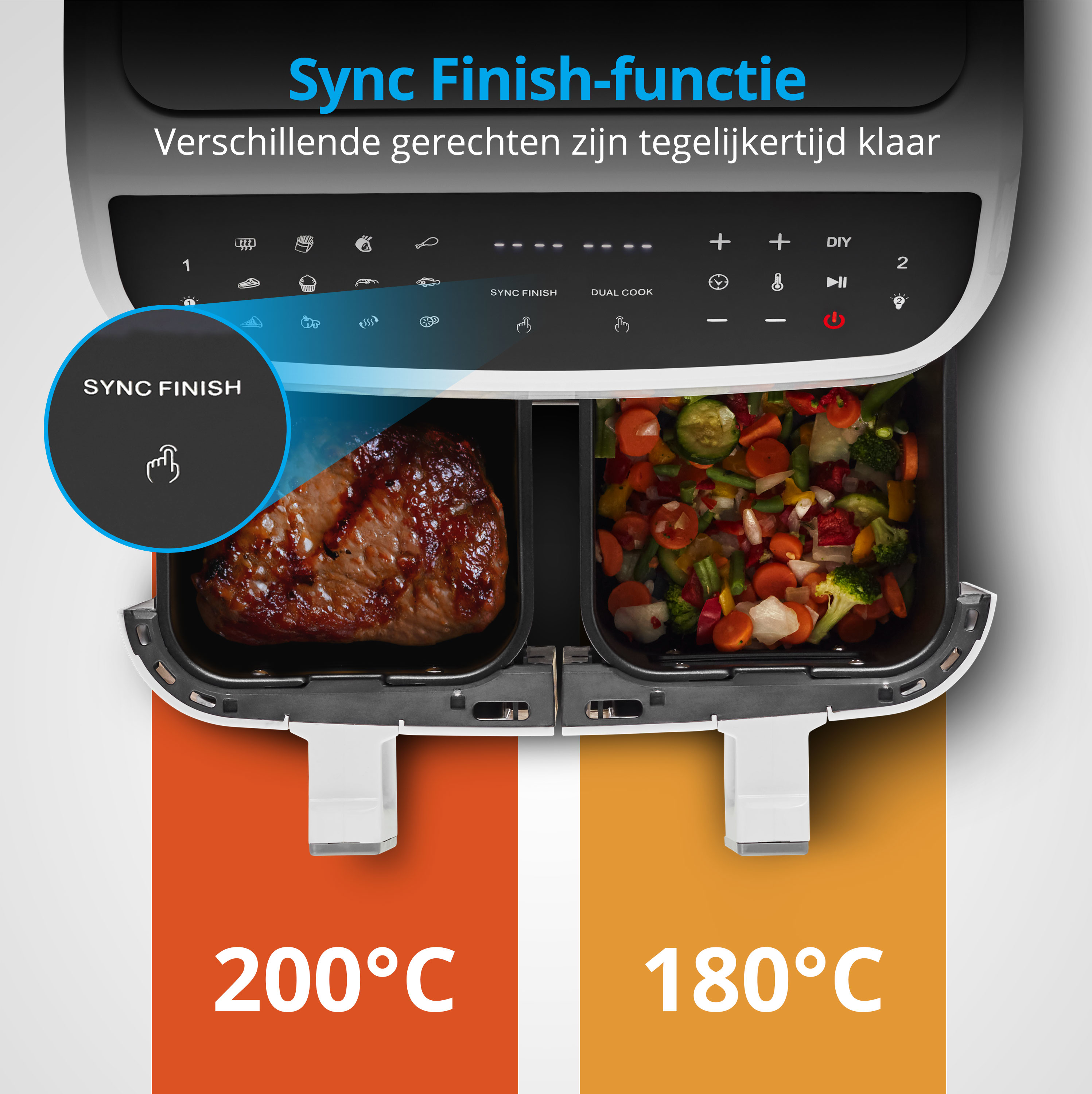 Frytownica beztłuszczowa z dwoma przegrodami, pokazująca jedzenie i ustawienia temperatury.