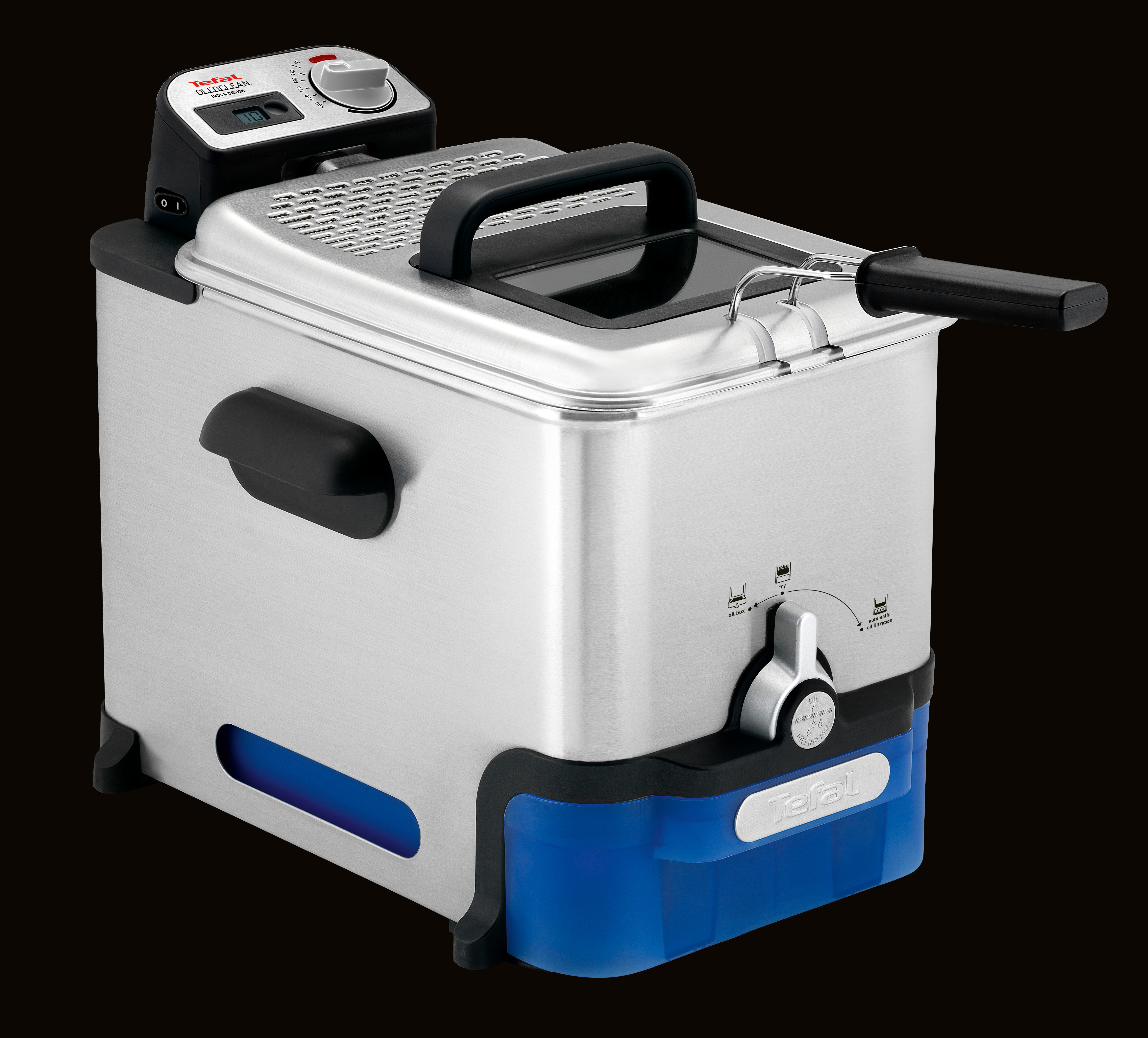 Frytownica ze stali nierdzewnej z czarnym uchwytem i niebieskim zbiornikiem oleju.