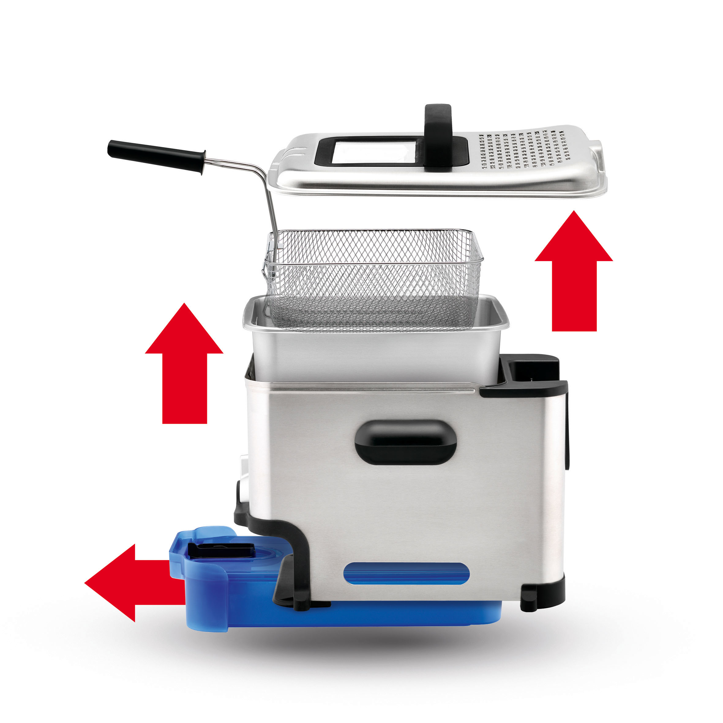 Frytownica ze stali nierdzewnej ze strzałkami wskazującymi demontaż komponentów.