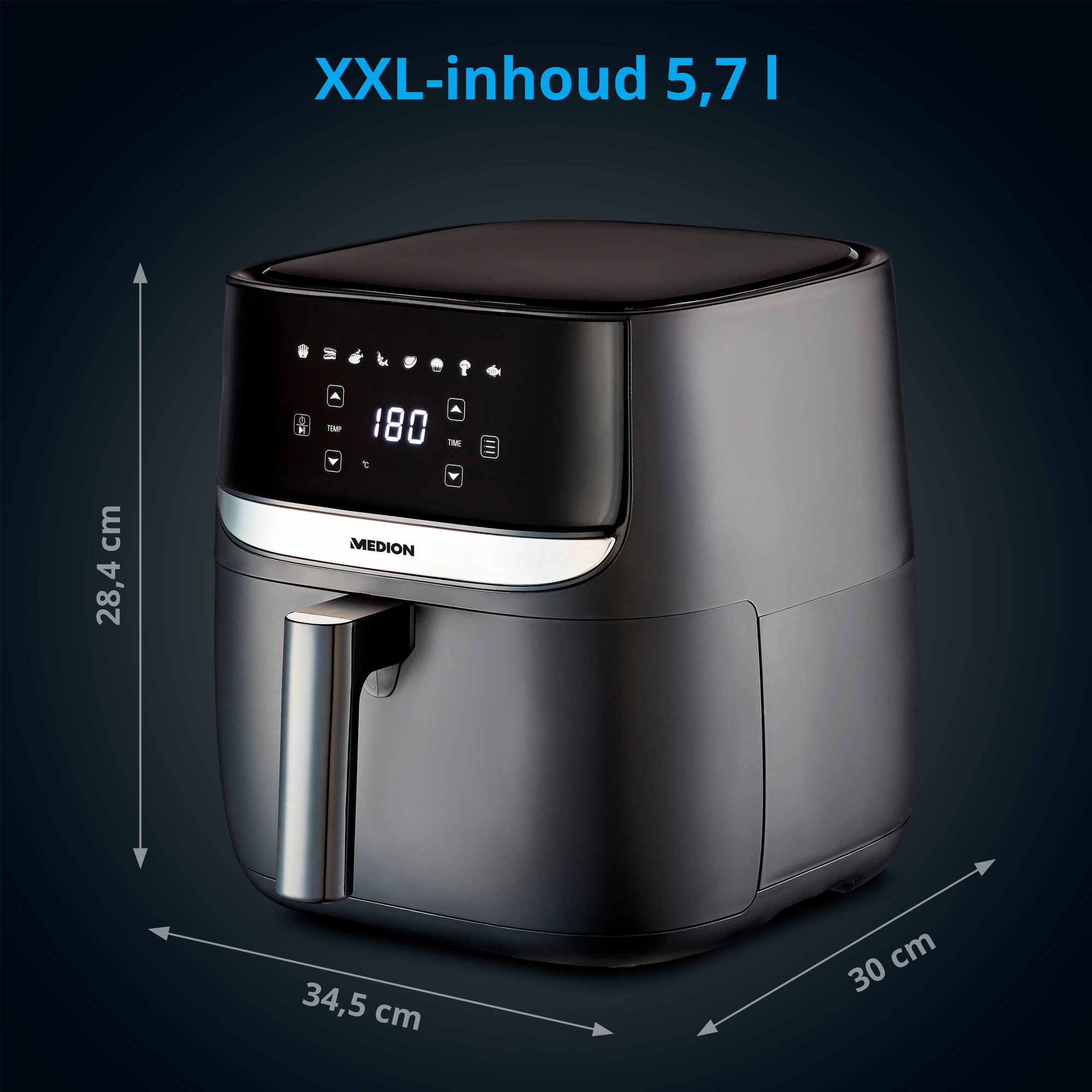 Czarna frytkownica powietrzna z wymiarami. Ma srebrny uchwyt i cyfrowy wyświetlacz.