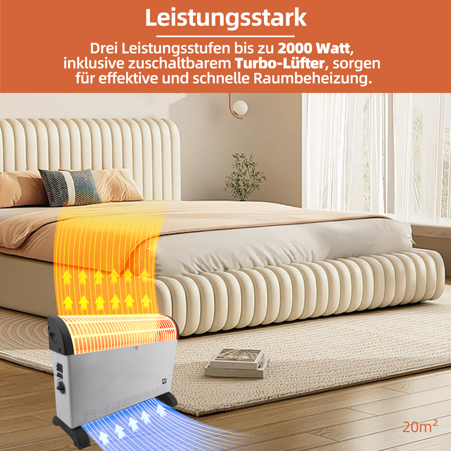 Grzejnik w sypialni. Tekst u góry: 'Mocny'. Strzałki wskazują przepływ powietrza.