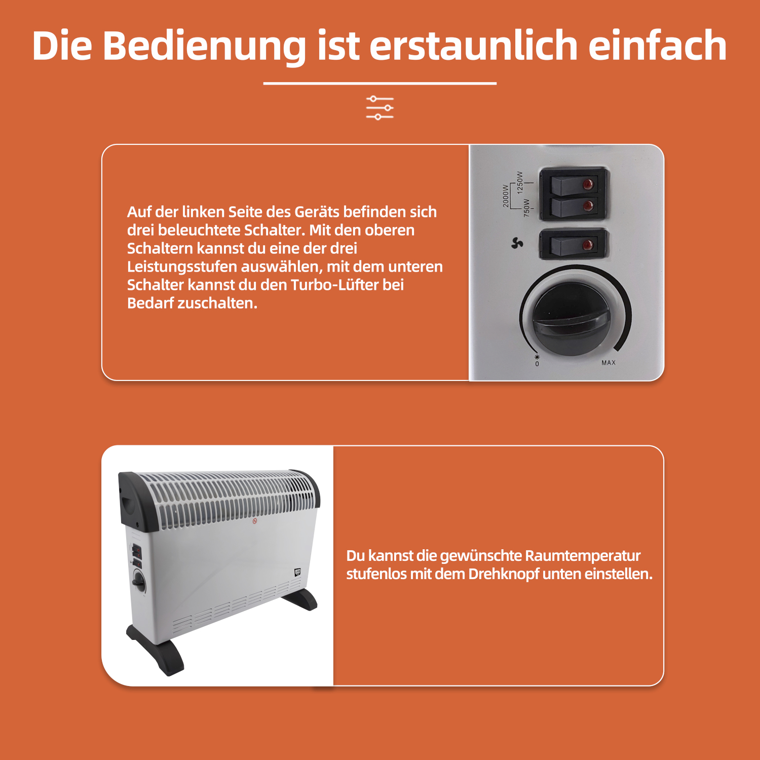 Tekst i obraz panelu sterowania grzejnika. Tekst brzmi: 'Obsługa jest zaskakująco prosta'.