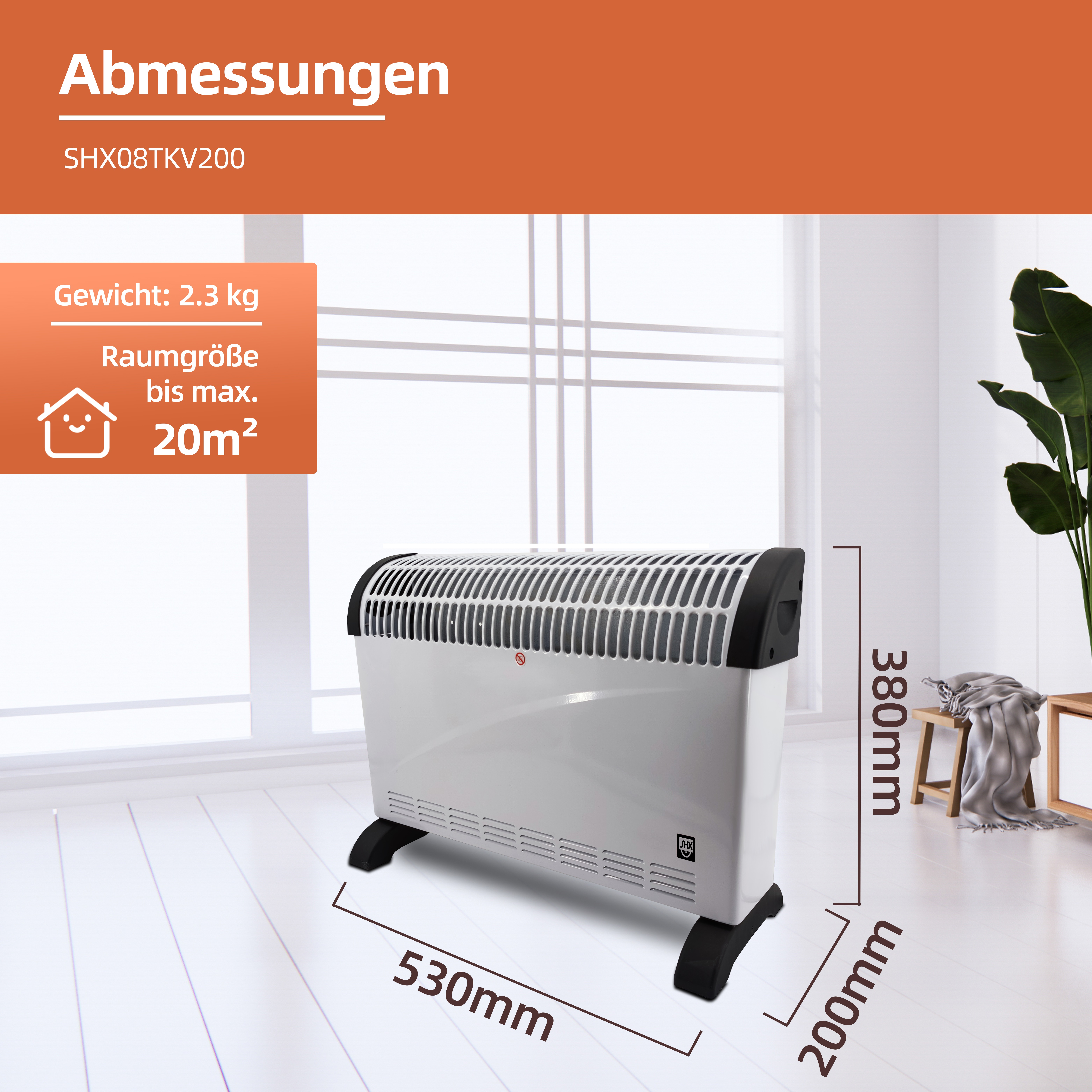 Biały grzejnik elektryczny z zaznaczonymi wymiarami. Ma czarną górę i podstawę, stoi przy oknie.