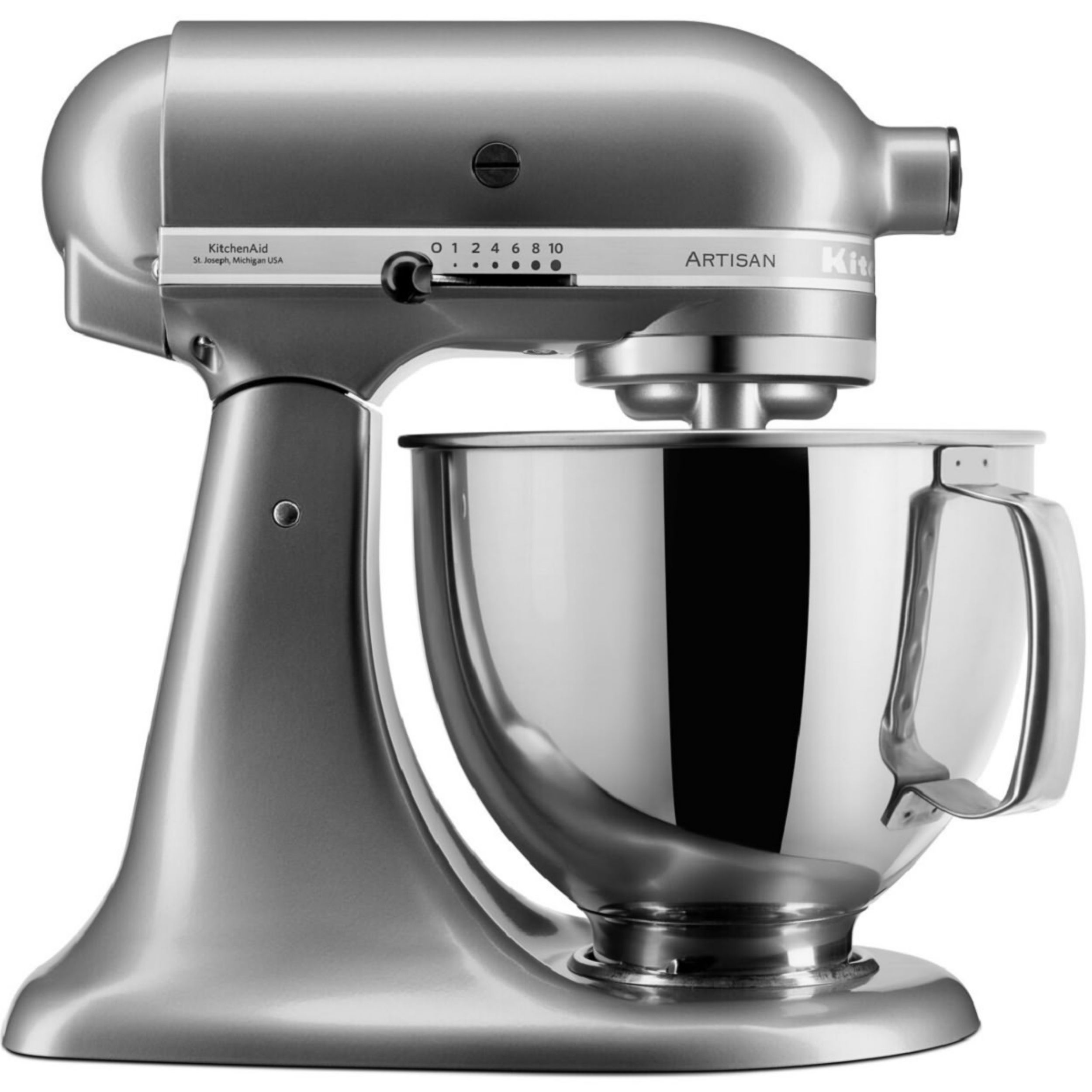 Silberner Standmixer mit Schüssel.