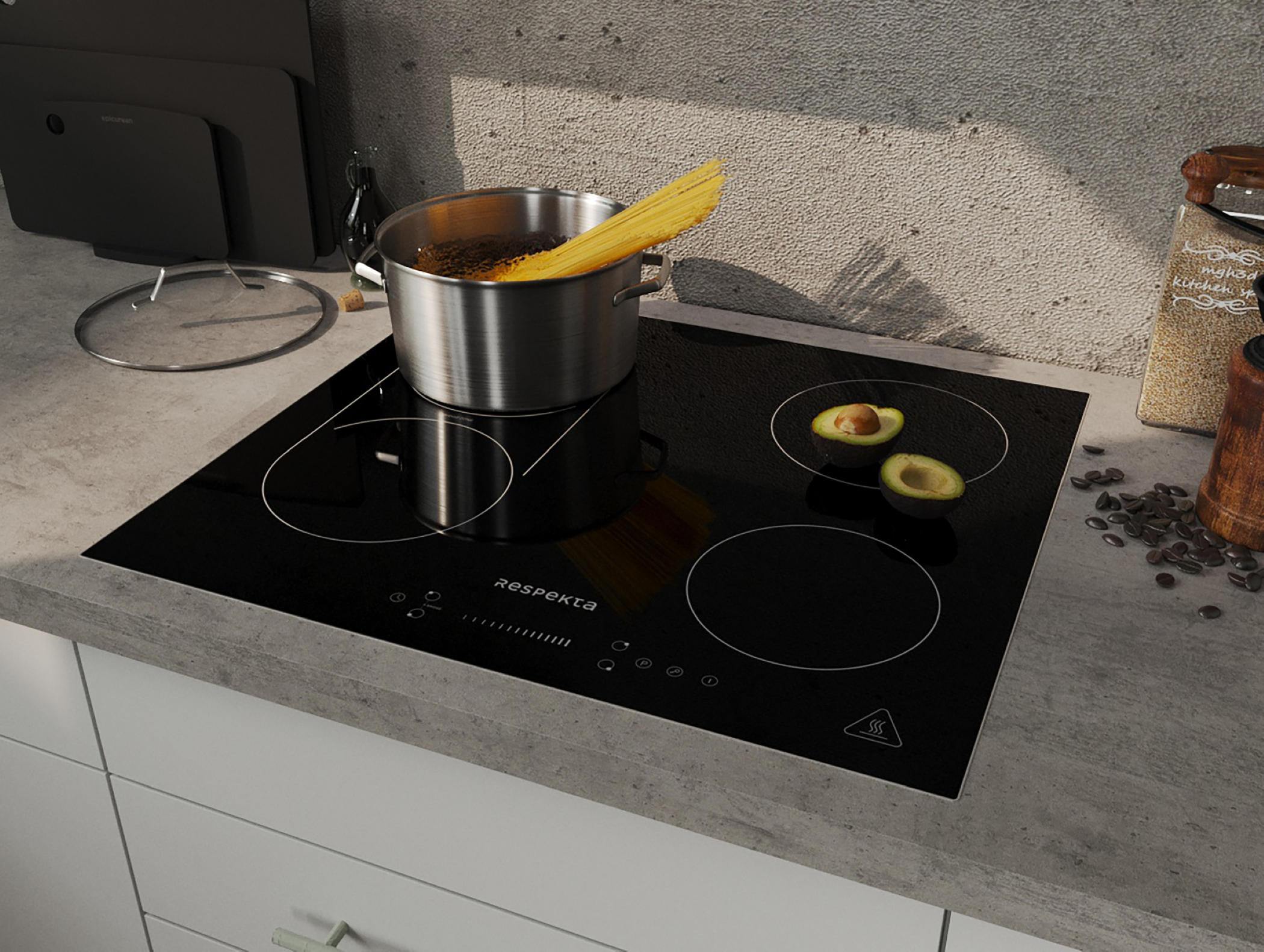 Een zwarte elektrische kookplaat met een pot pasta en avocado's.